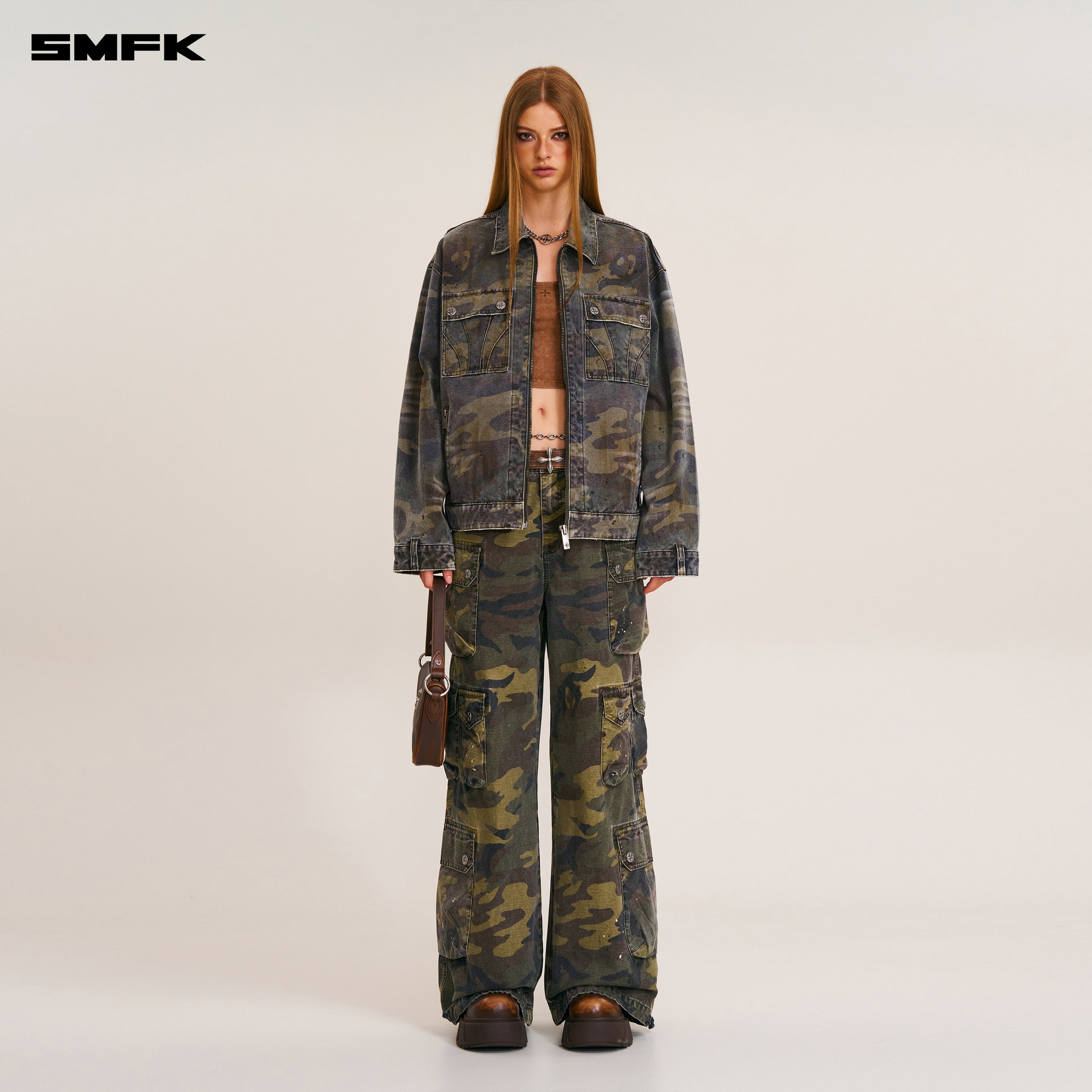 RAGE-WILD ORIGIN CAMO LOOSE CARGO JACKET ARMY GREEN CAMOUFLAGE