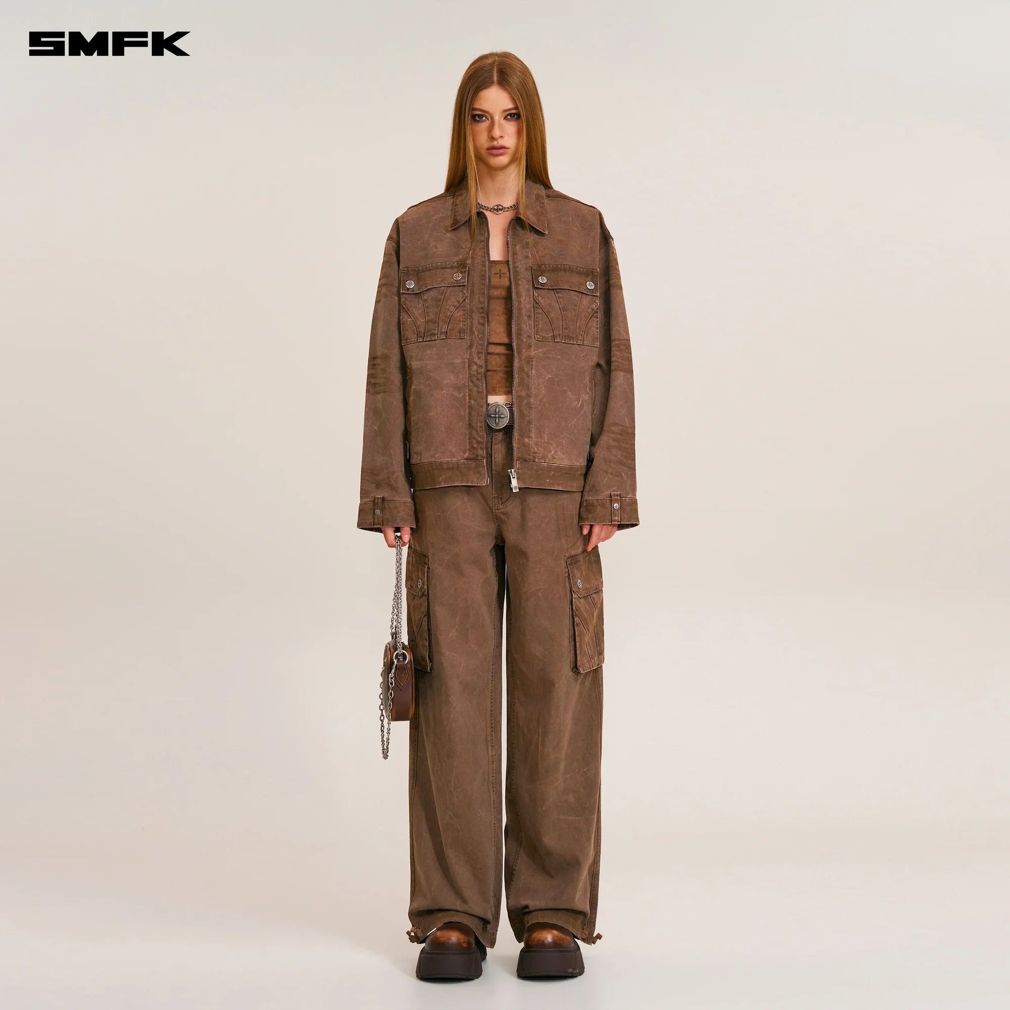 RAGE-WILD ORIGIN HANDCRAFT LOOSE CARGO JACKET/GARMENT DYED SHADOW BROWN