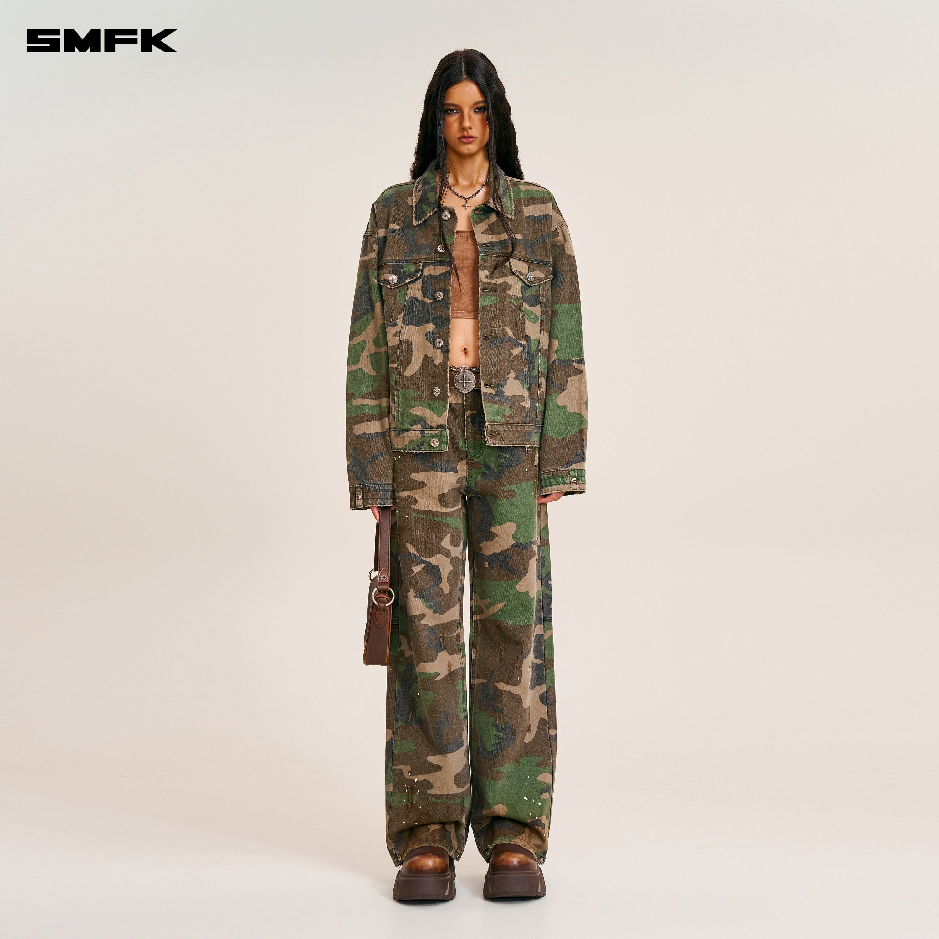 COMPASS MODE WASTELAND LOOSE STRAIGHT DENIM PANTS ARMY GREEN CAMOUFLAGE