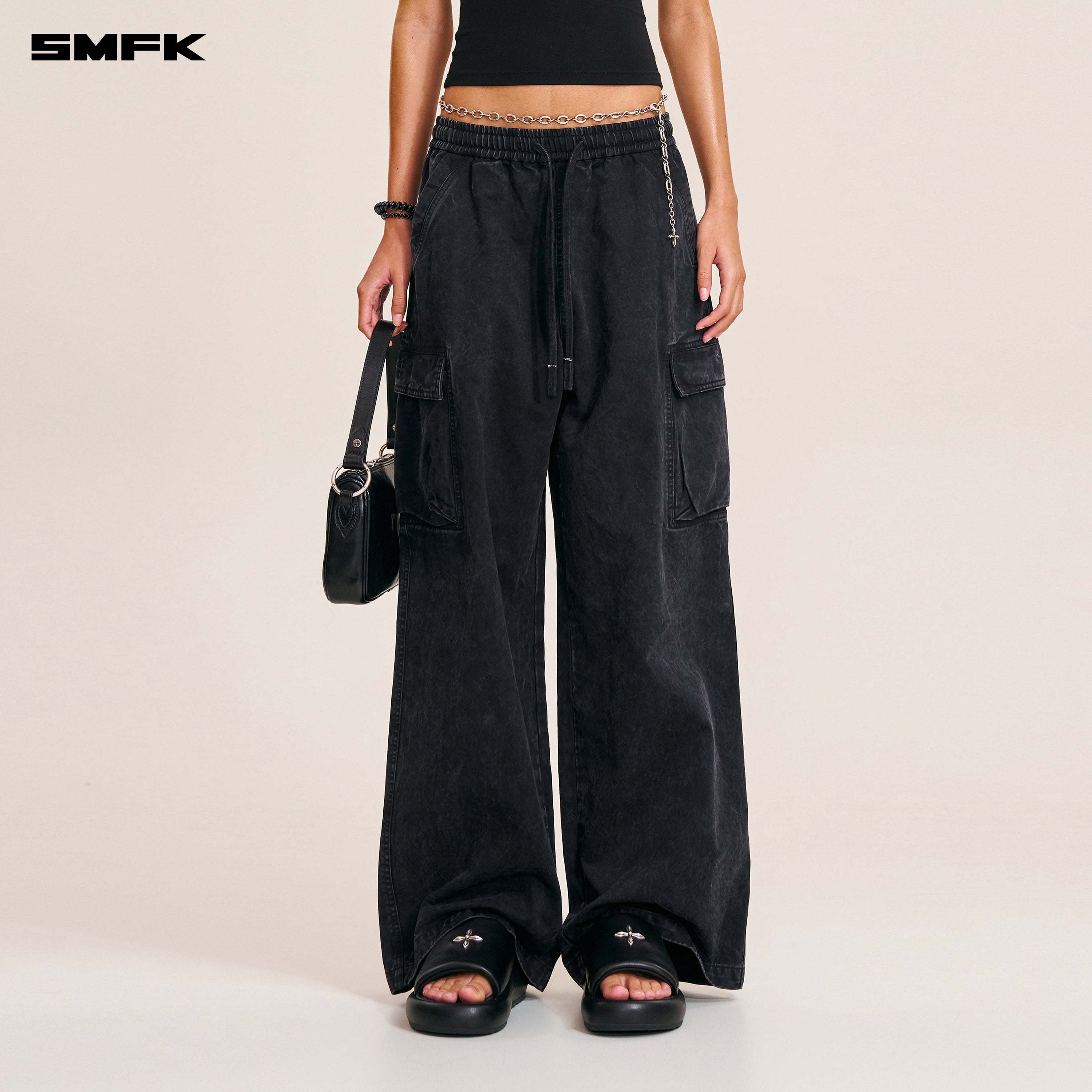 VINTAGE-STORM LOOSE SPORTS CARGO PANTS/FADE DYE WILD BLACK