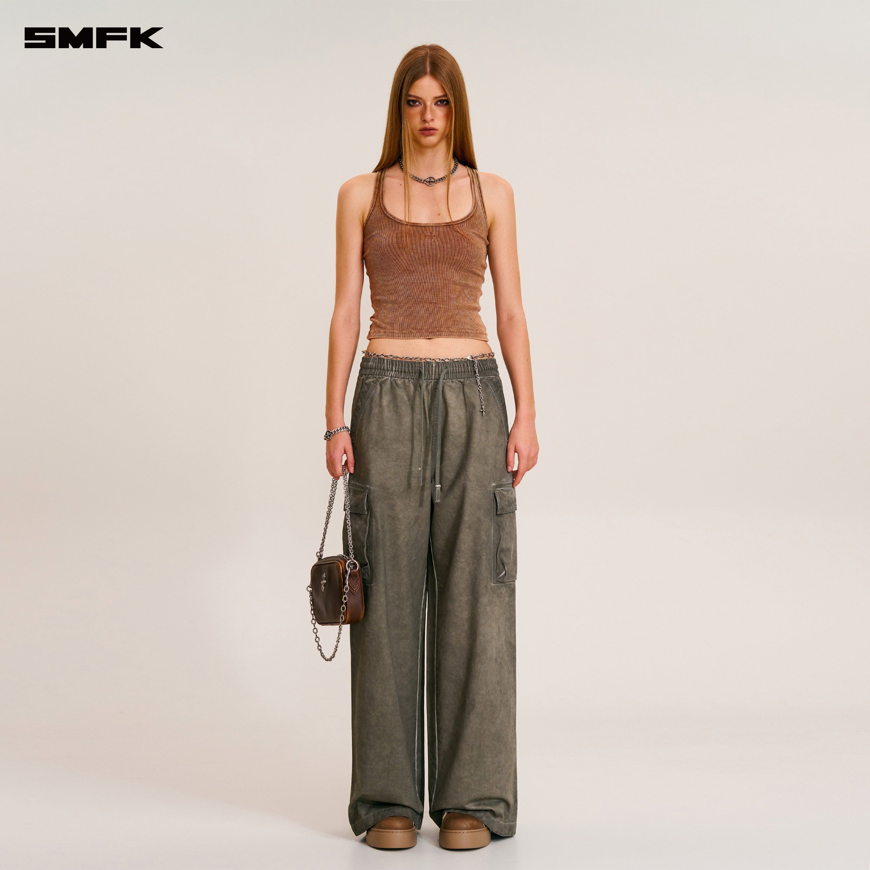 VINTAGE-STORM LOOSE SPORTS CARGO PANTS/FADE DYE WILD BROWN