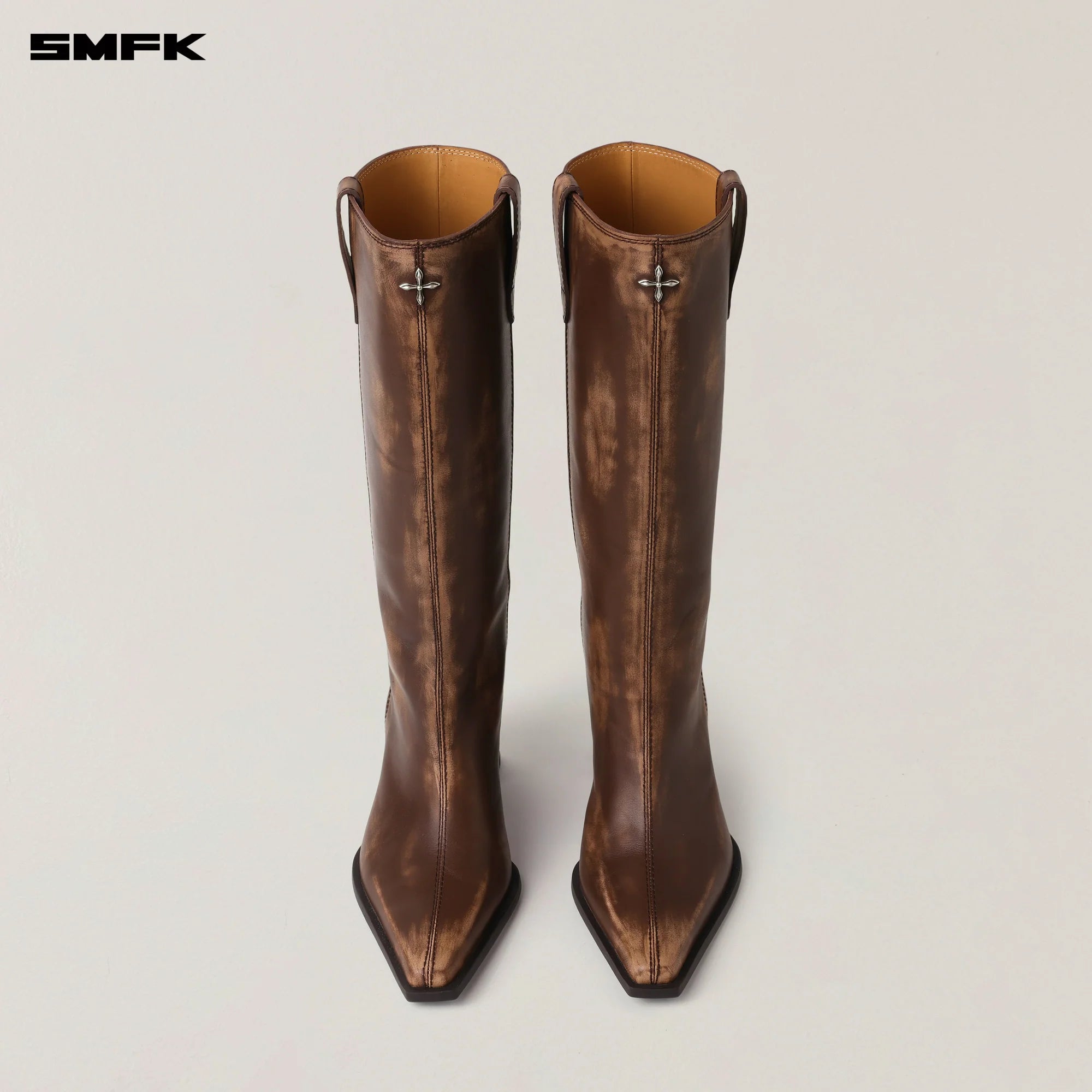 COMPASS BADGE SWORD LEATHER HIGH HEEL BOOTS WILD HORSE BROWN PATINA