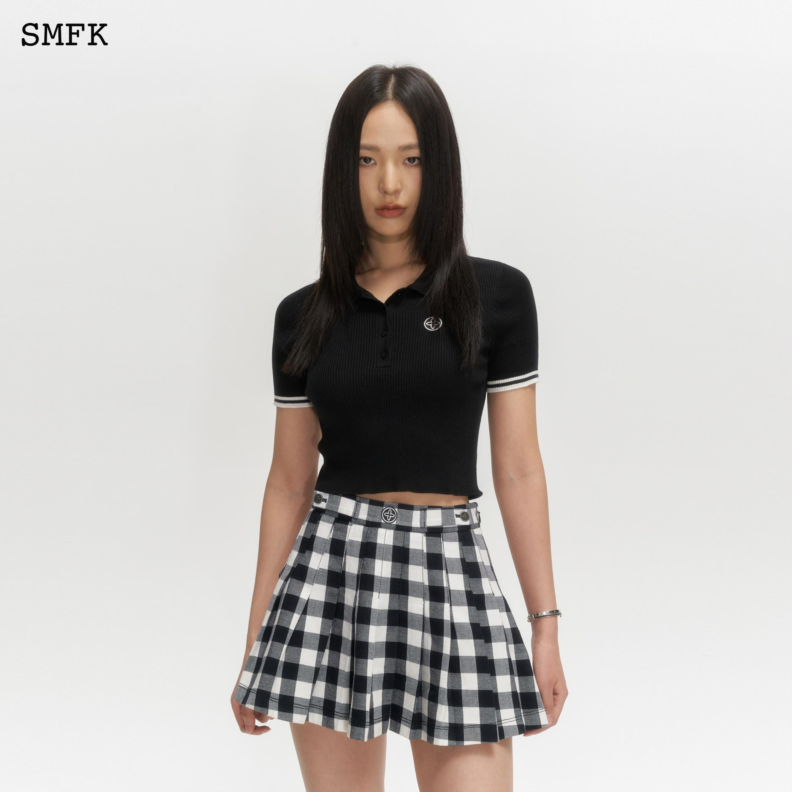 【PRE ORDER】SMFK GRASSLAND BLACK AND WHITE PRAIRIE PLAID PLEATED SKIRT US004BWC