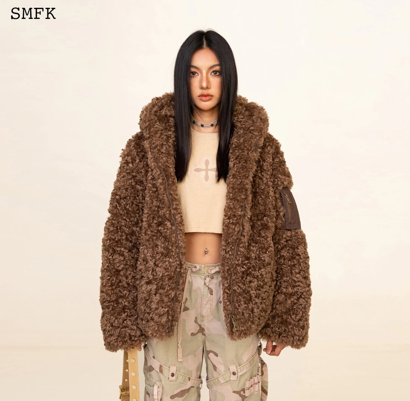 SMFK WILDWORLD ADVENTURE OUTDOOR FAUX FUR HOODIE IN BROWN  CF002K