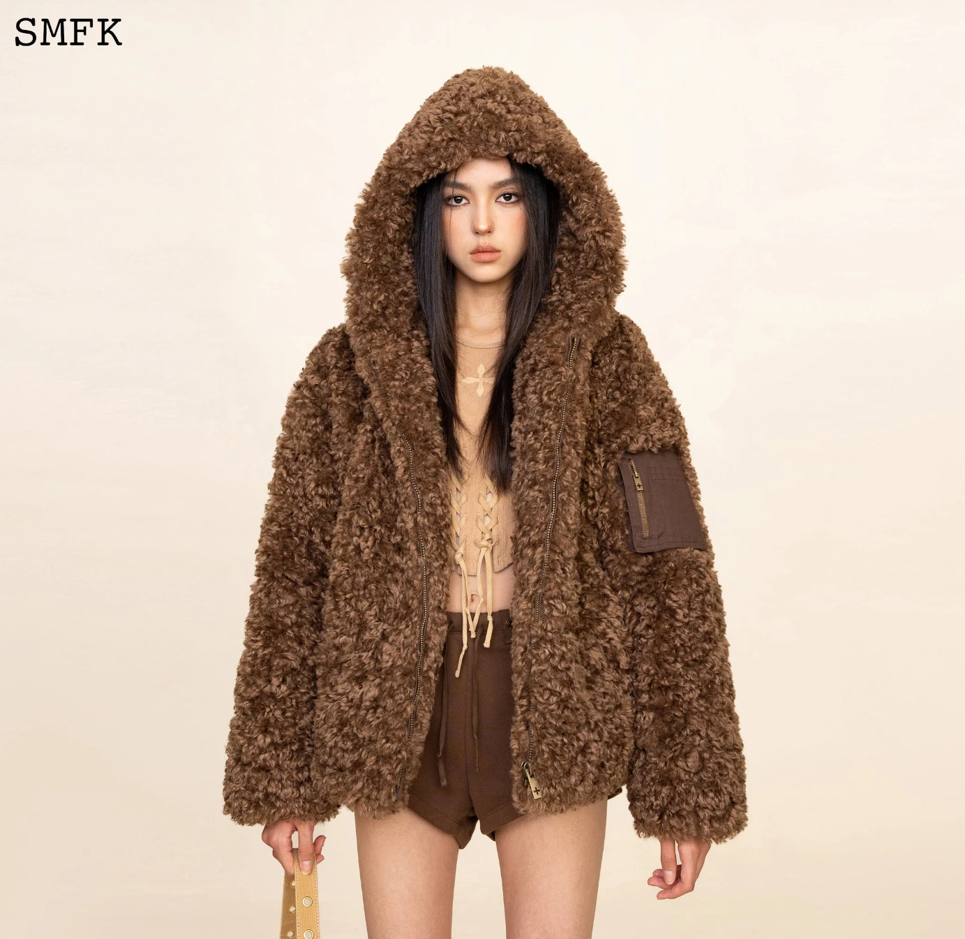 SMFK WILDWORLD ADVENTURE OUTDOOR FAUX FUR HOODIE IN BROWN  CF002K