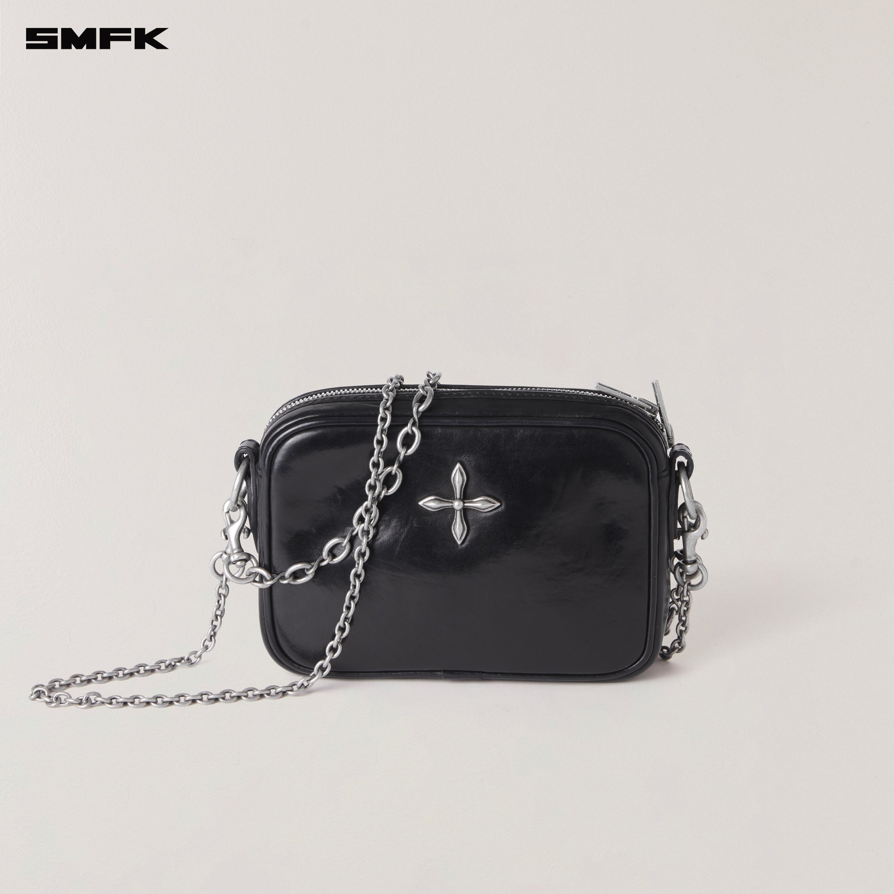 COMPASS BADGE  HORSE LEATHER CHAIN BAG/SMALL WILD BLACK