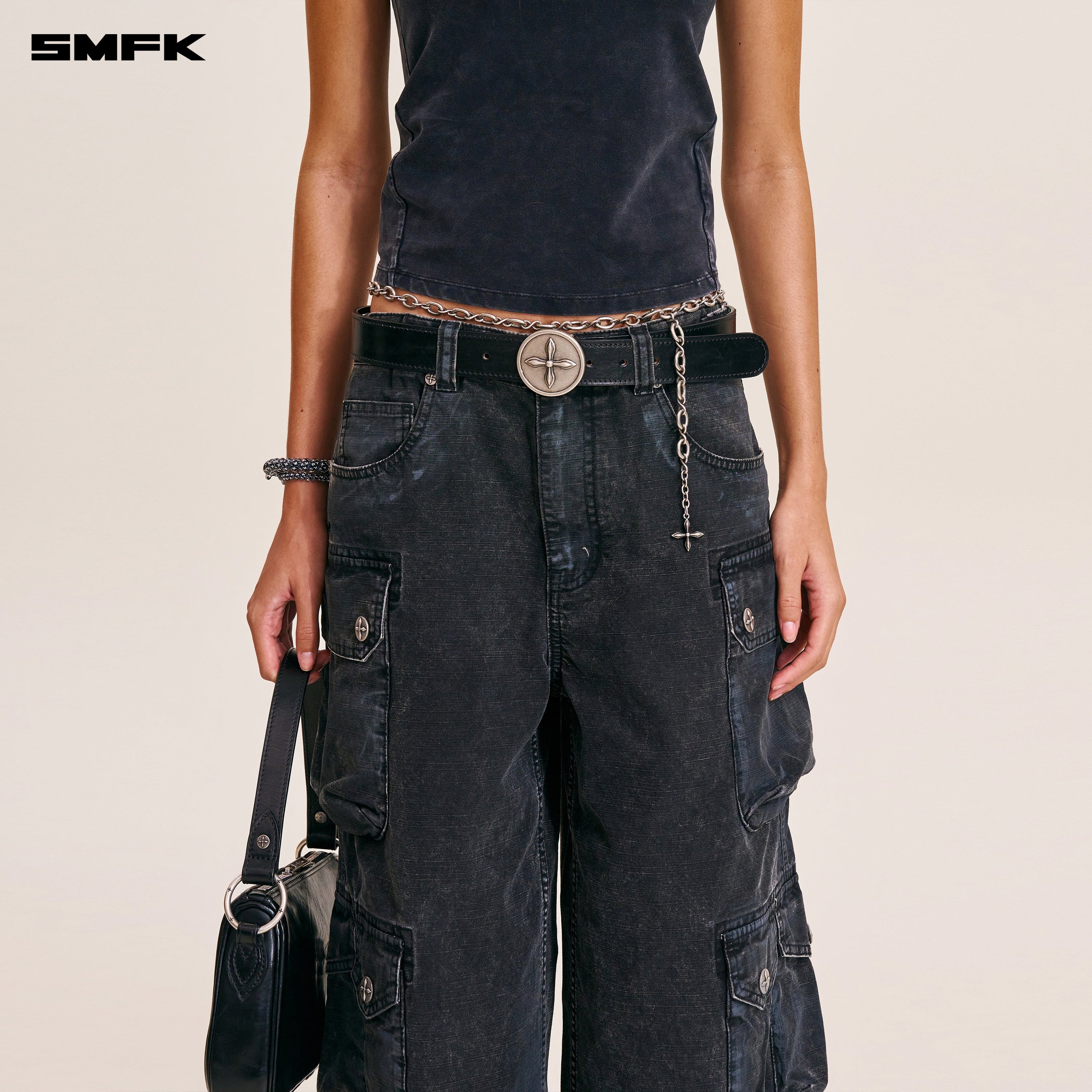 COMPASS CIRCULAR BADGE HANDCRAFT HORSE LEATHER BELT WILD BLACK