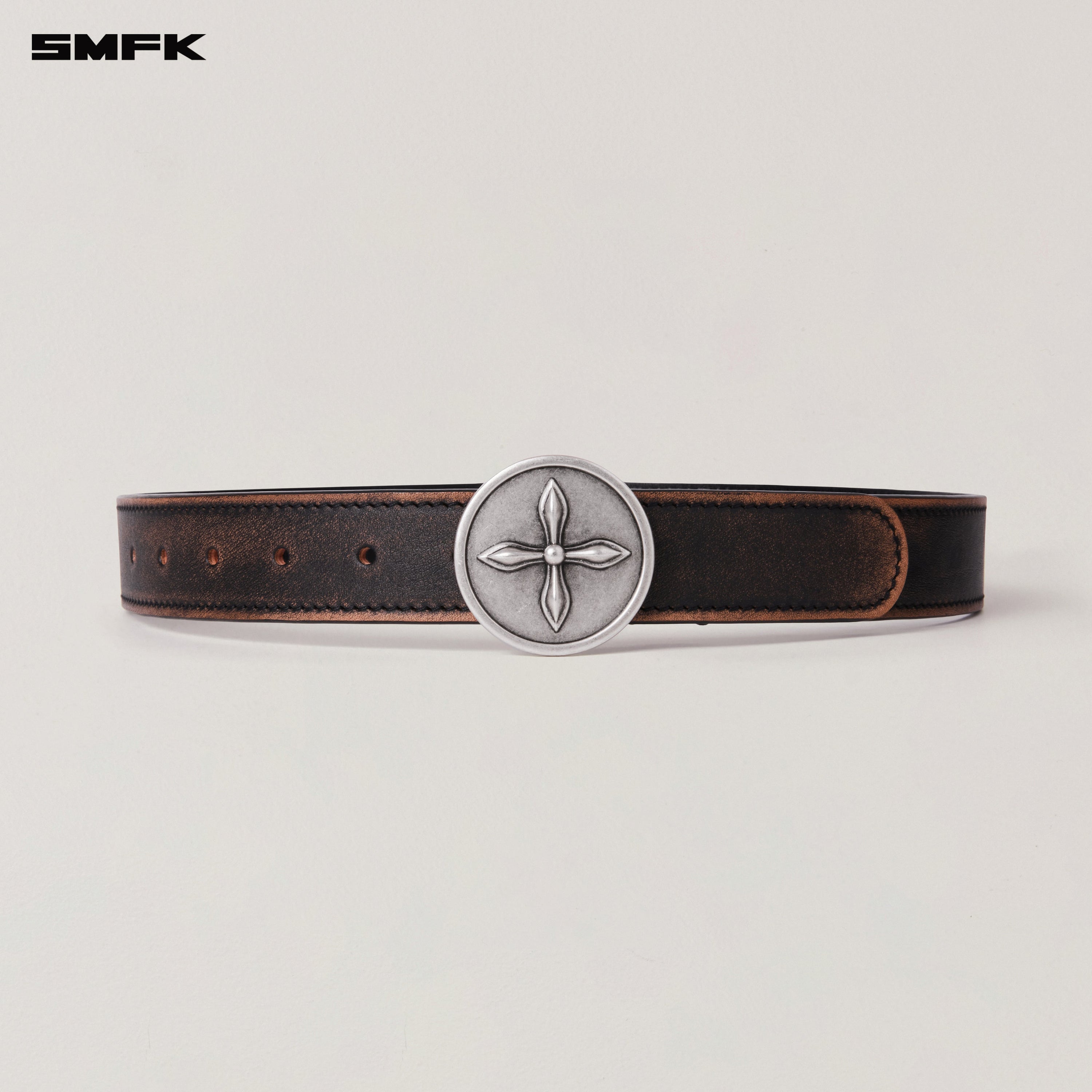 COMPASS CIRCULAR BADGE HANDCRAFT PATINA LEATHER BELT WILD BLACK PATINA