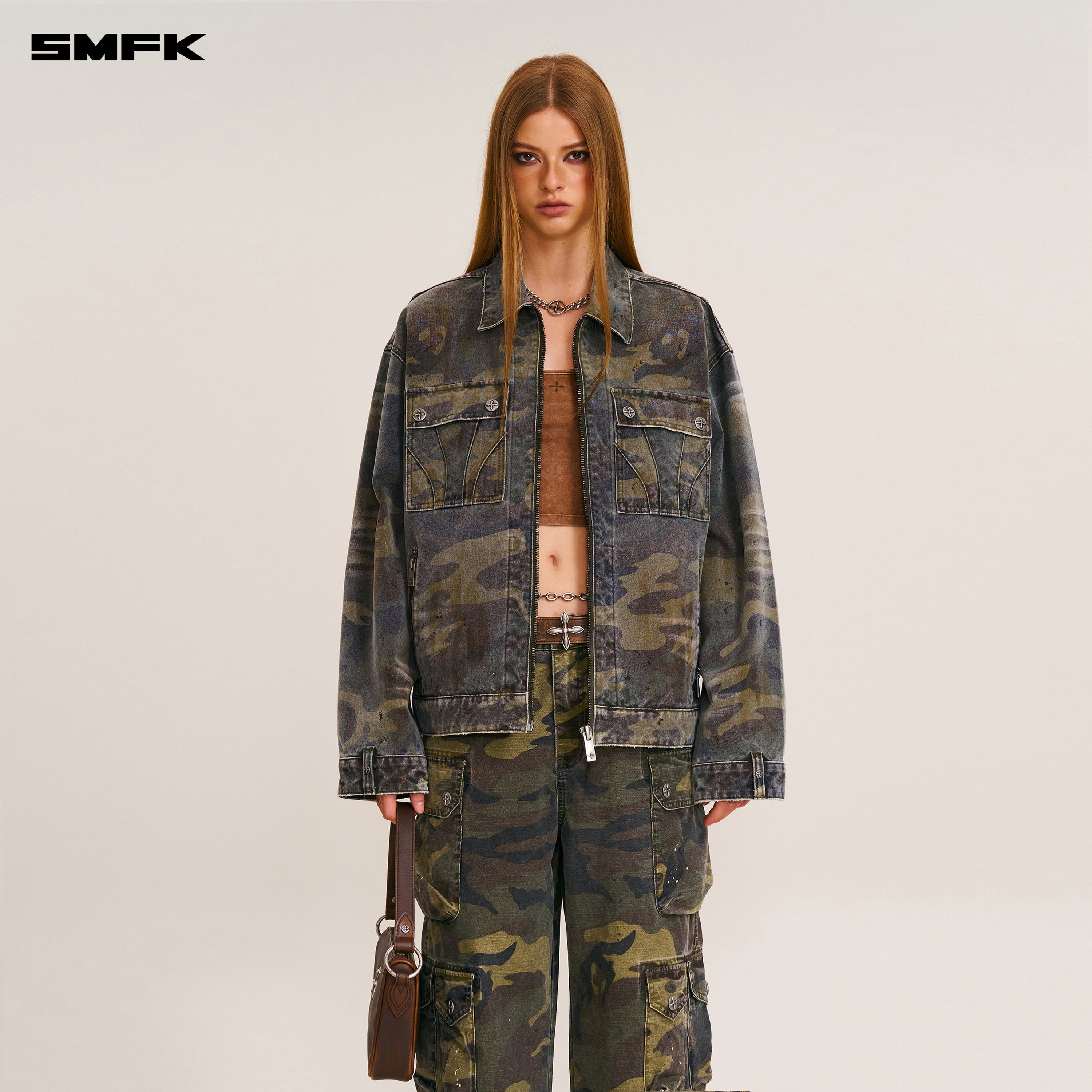 RAGE-WILD ORIGIN CAMO LOOSE CARGO JACKET ARMY GREEN CAMOUFLAGE