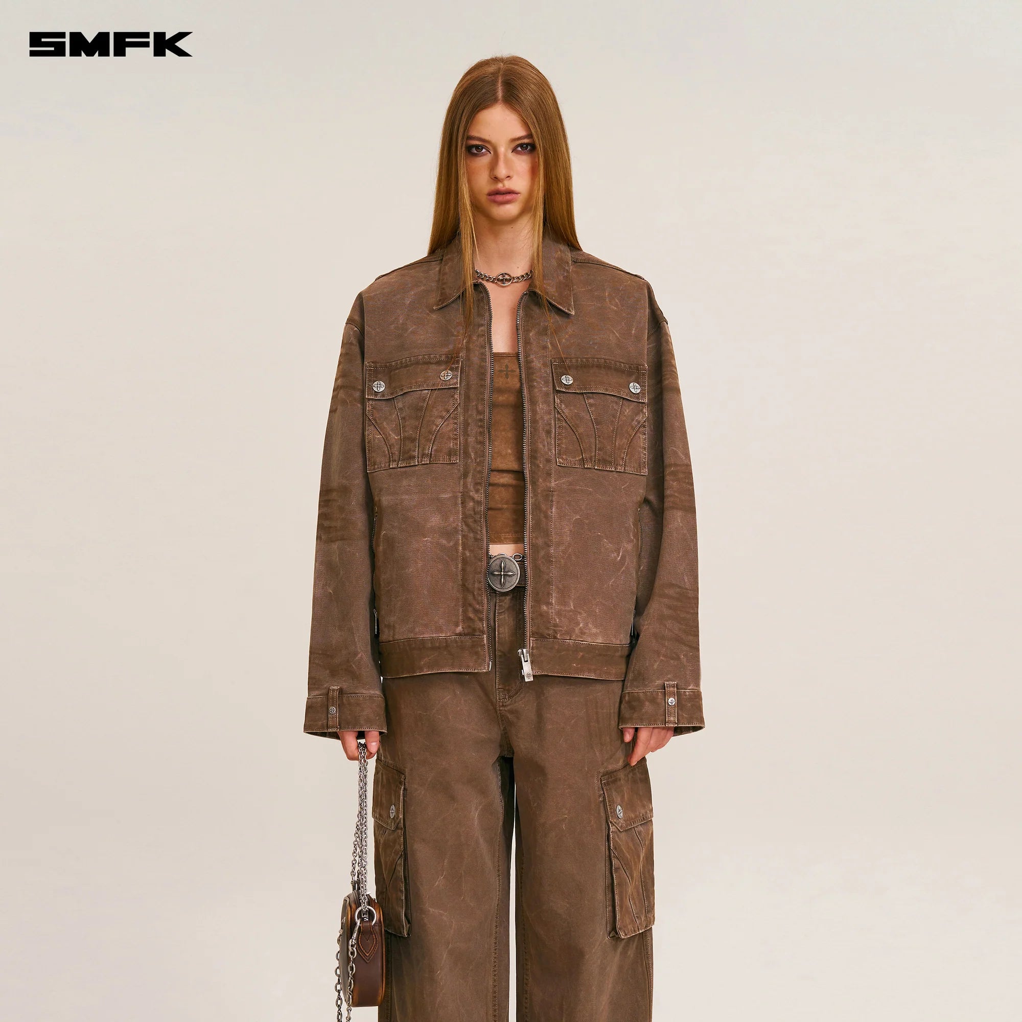 RAGE-WILD ORIGIN HANDCRAFT LOOSE CARGO JACKET/GARMENT DYED SHADOW BROWN