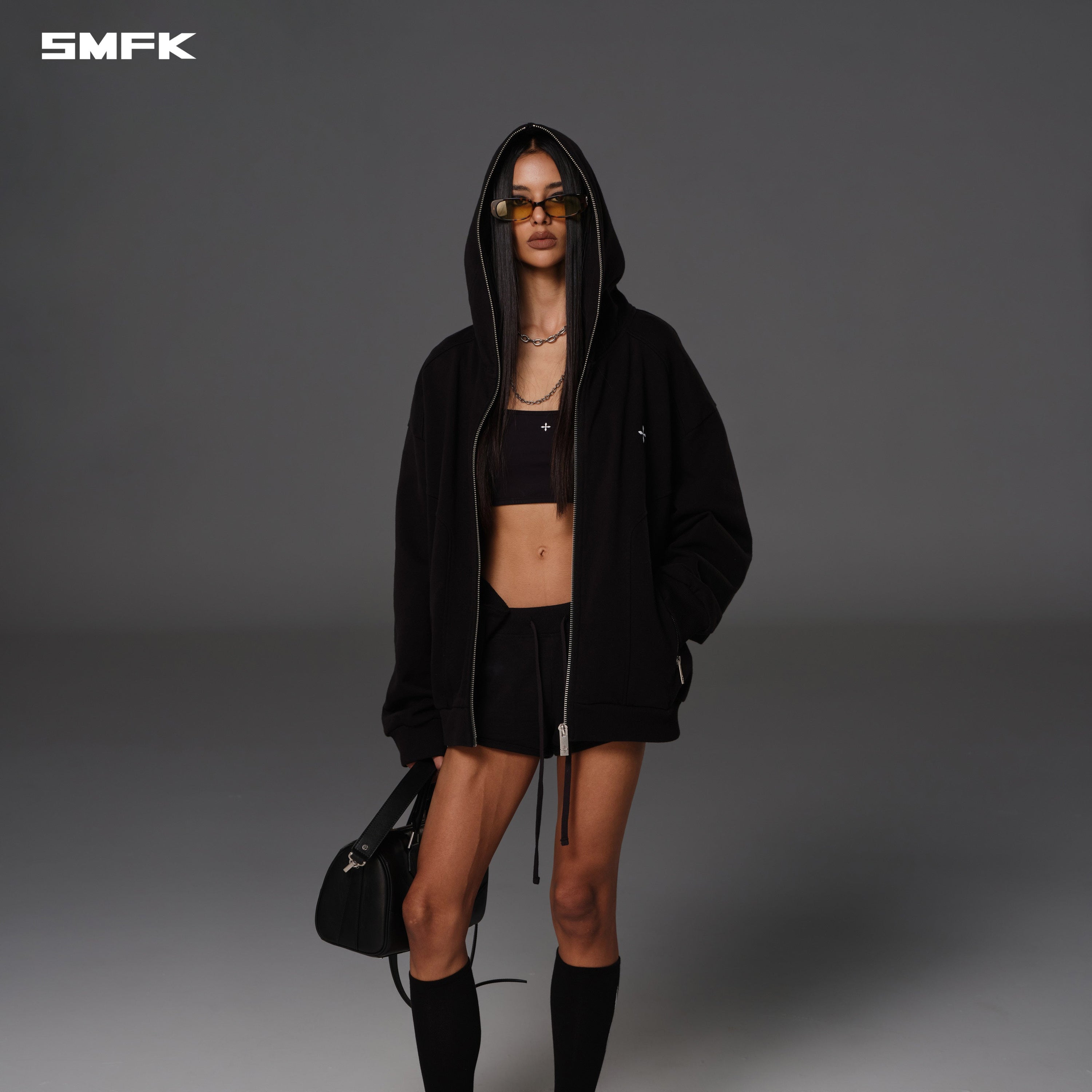 PERMANENT MUSE LOOSE ZIP HOODIE/COTTON WOOL WILD BLACK