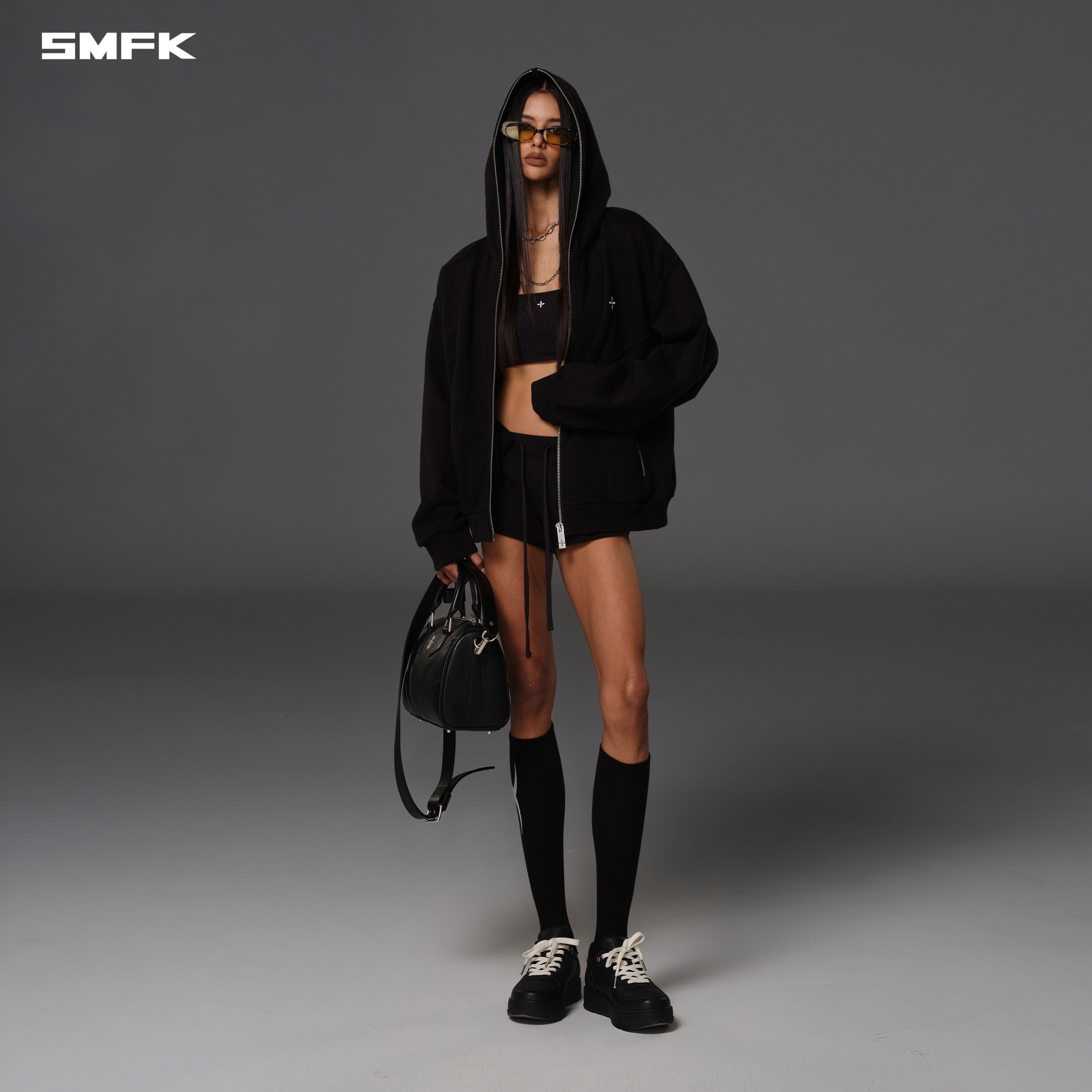 PERMANENT MUSE LOOSE ZIP HOODIE/COTTON WOOL WILD BLACK
