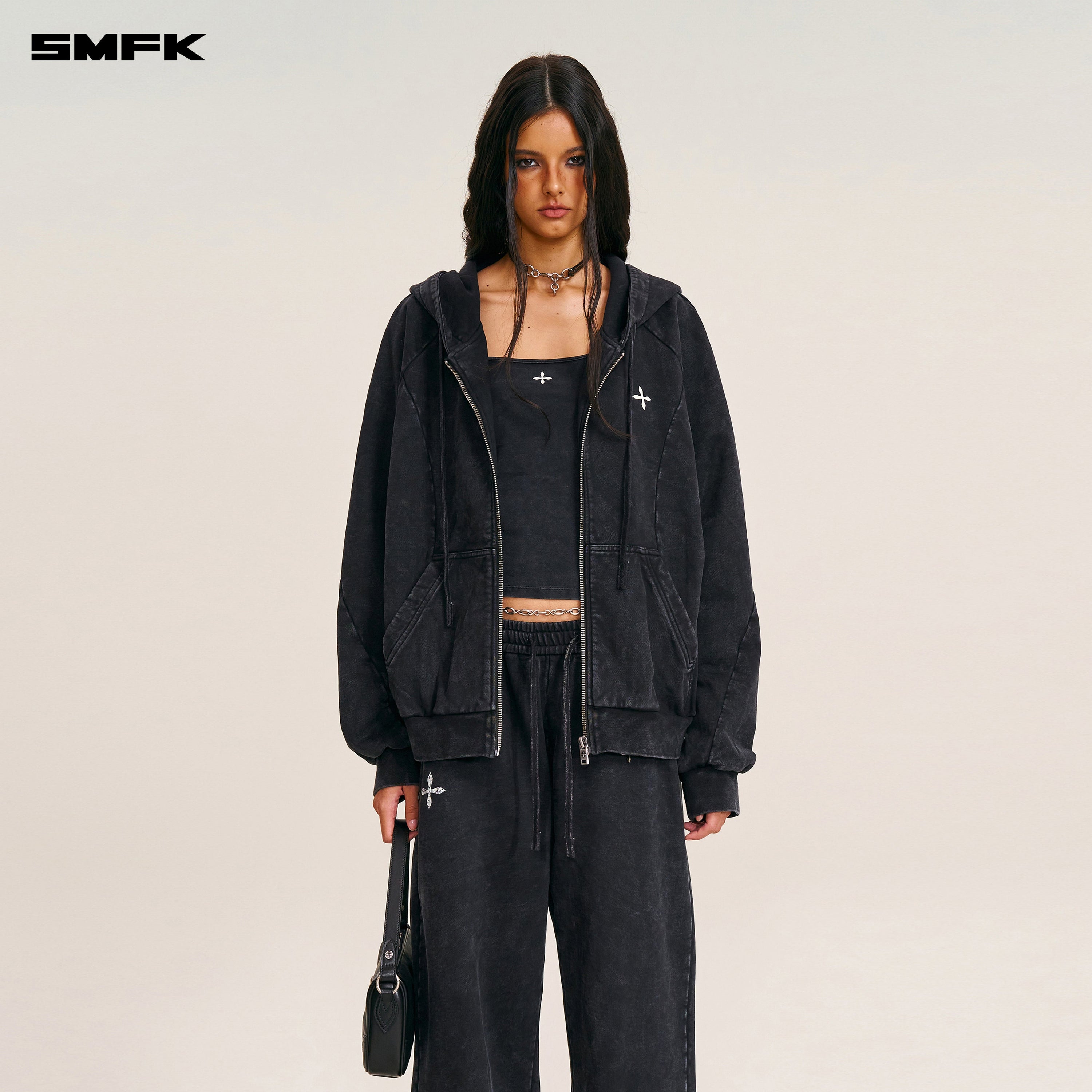 VINTAGE-SAVAGE LOOSE SPORTS ZIP HOODIE/FADE DYE WILD BLACK