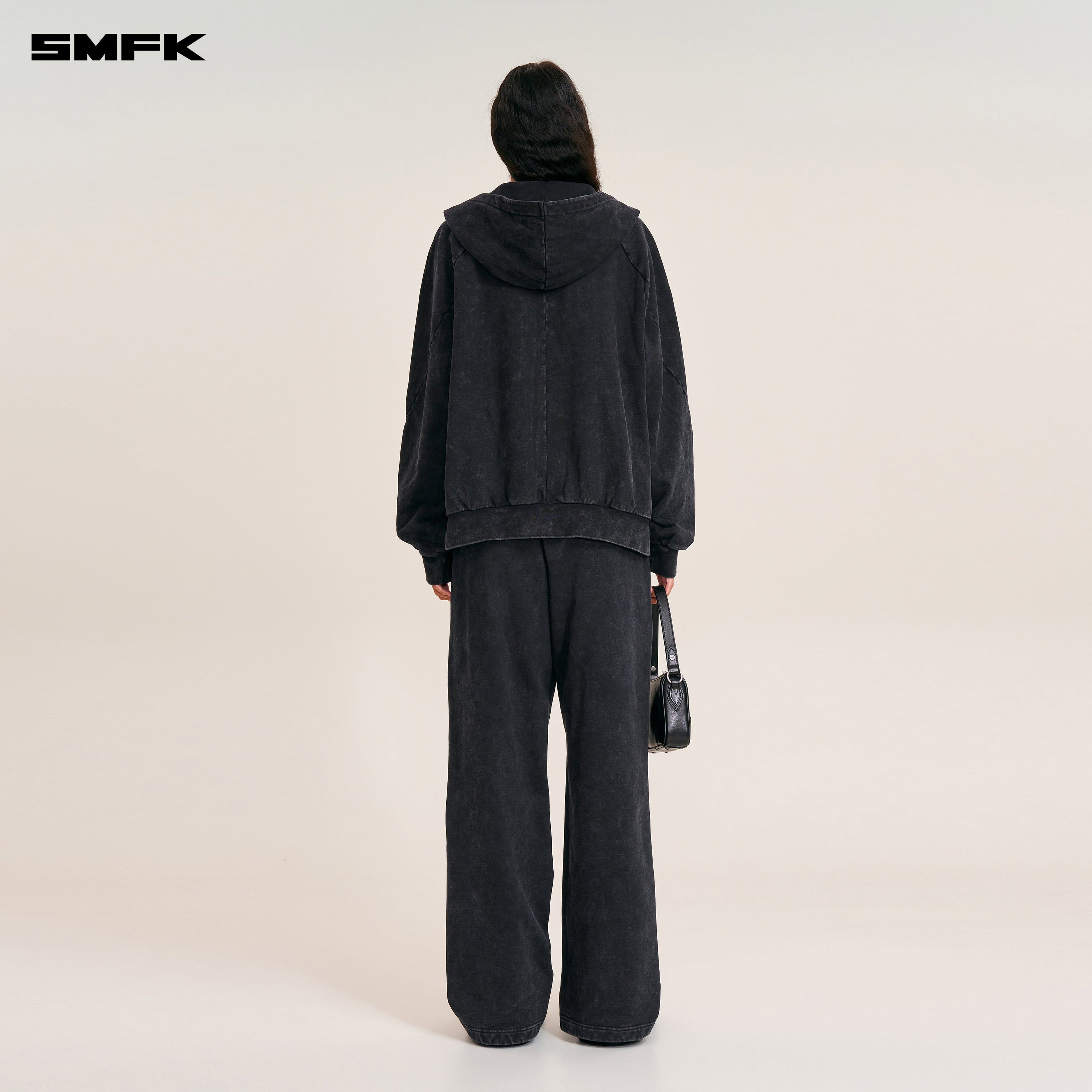 VINTAGE-SAVAGE LOOSE SPORTS ZIP HOODIE/FADE DYE WILD BLACK