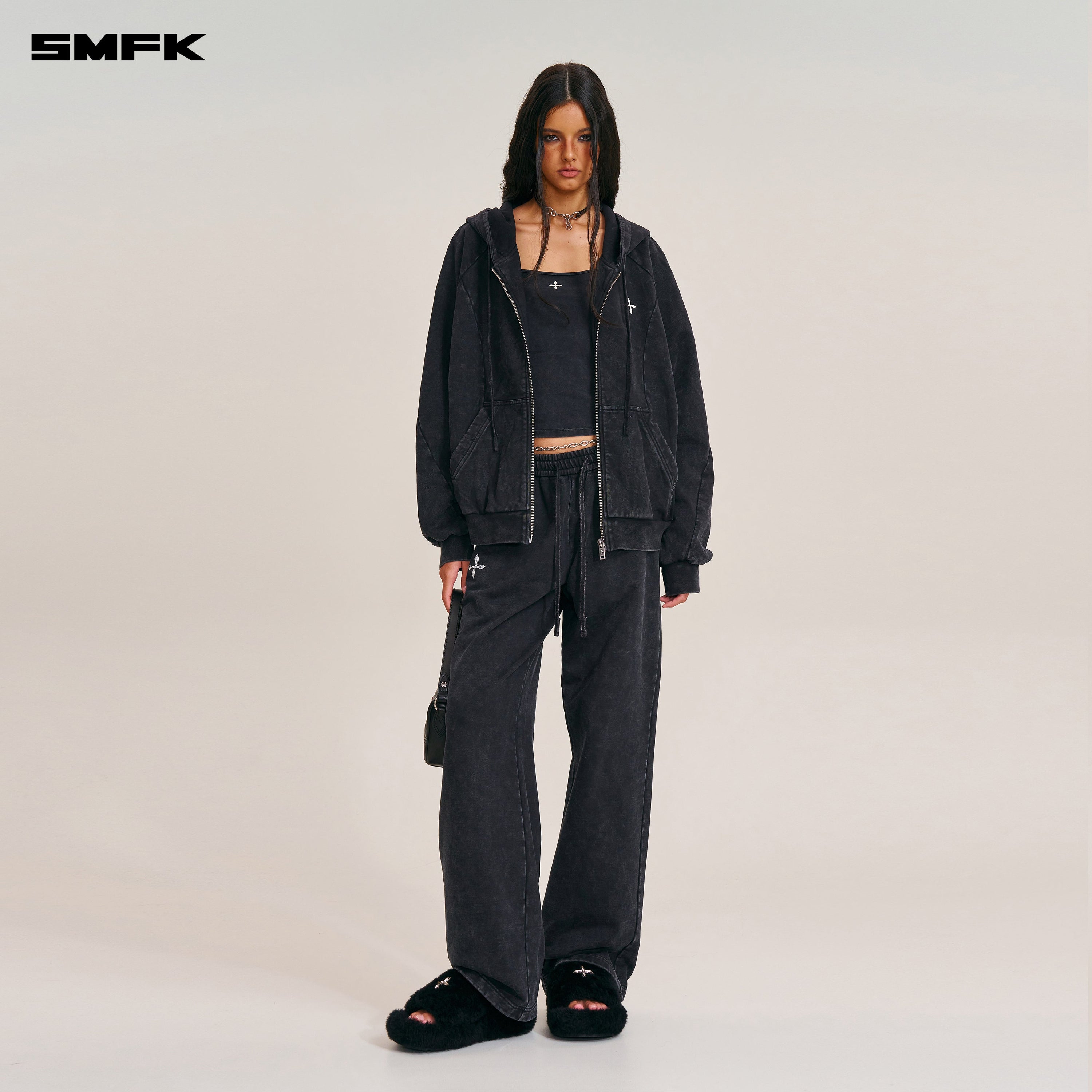 VINTAGE-SAVAGE LOOSE SPORTS ZIP HOODIE/FADE DYE WILD BLACK