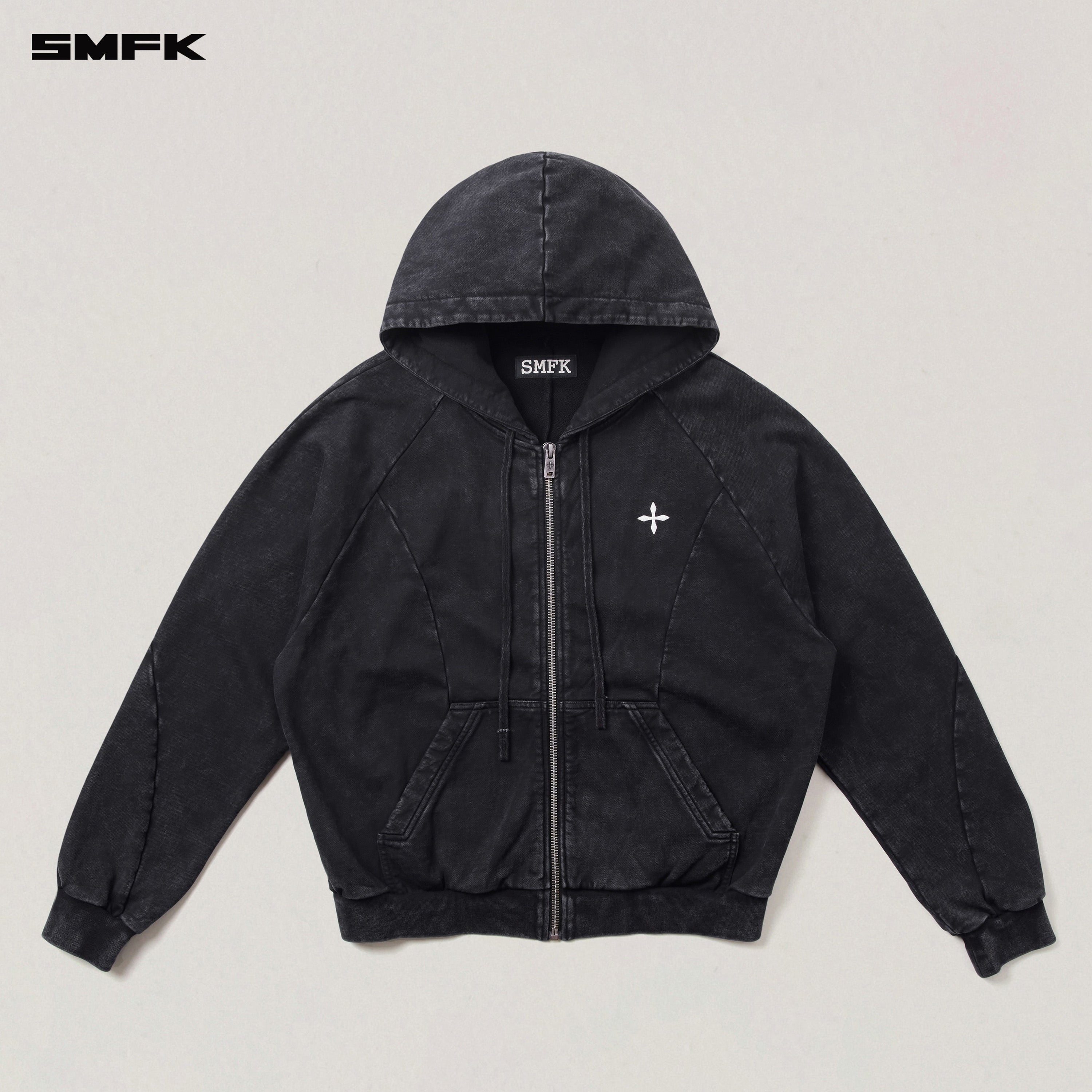 VINTAGE-SAVAGE LOOSE SPORTS ZIP HOODIE/FADE DYE WILD BLACK