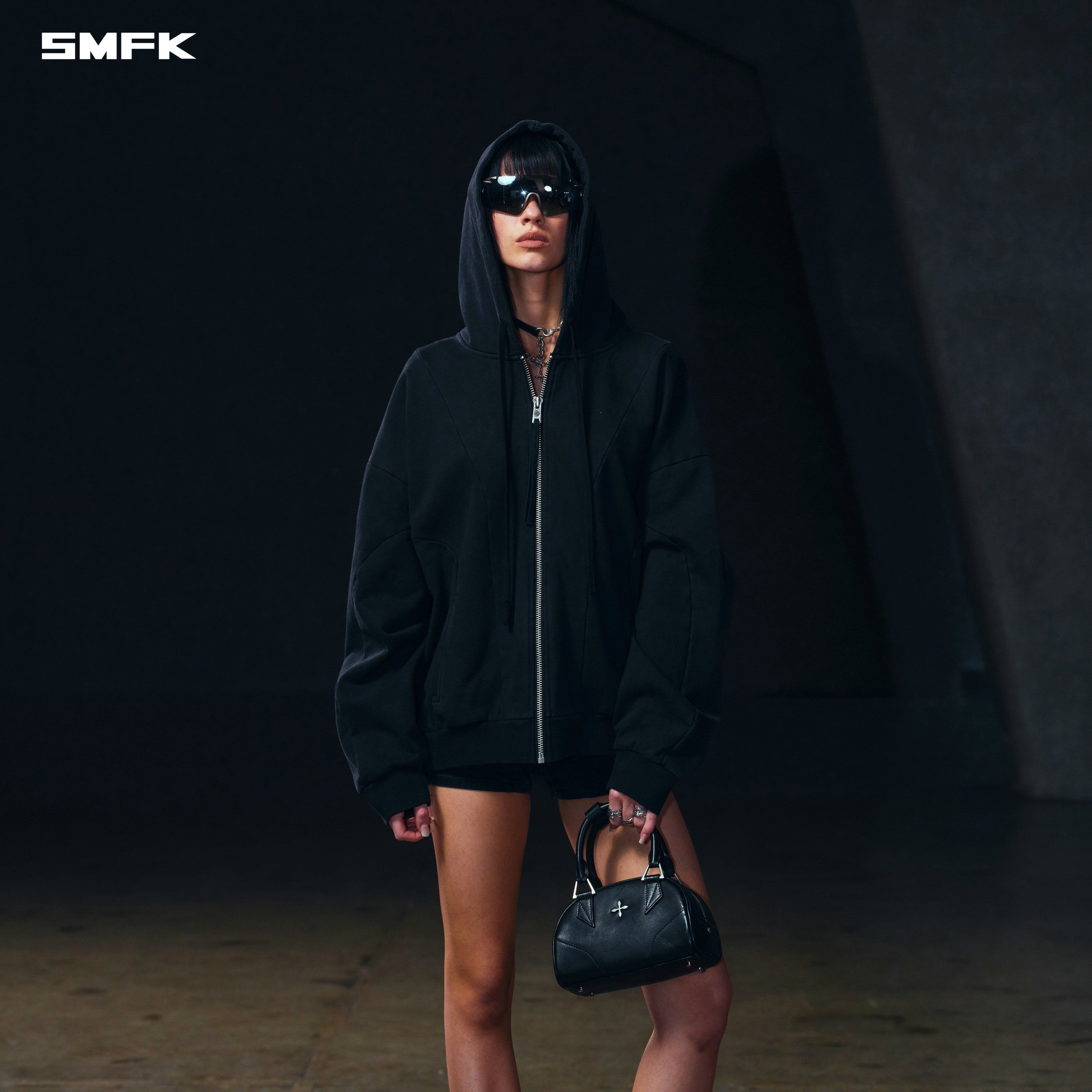 VINTAGE MUSE LOOSE ZIPPER SPORTS HOODIE/COTTON VANISH BLACK
