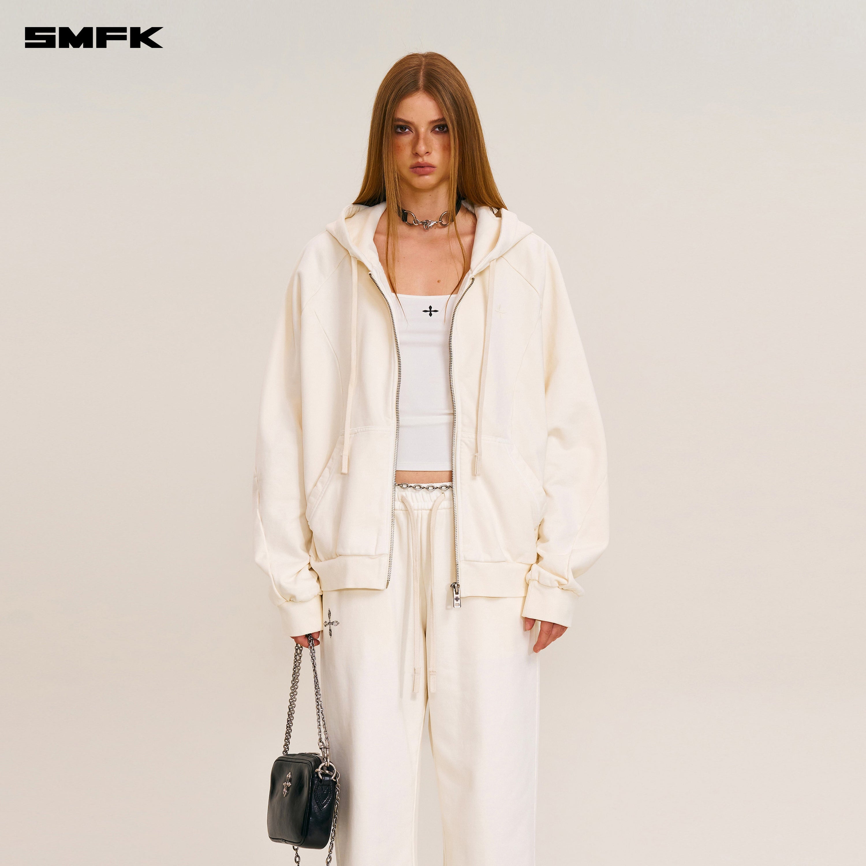 VINTAGE-SAVAGE LOOSE SPORTS ZIP HOODIE/FADE DYE SNOW MOUNTAIN WHITE