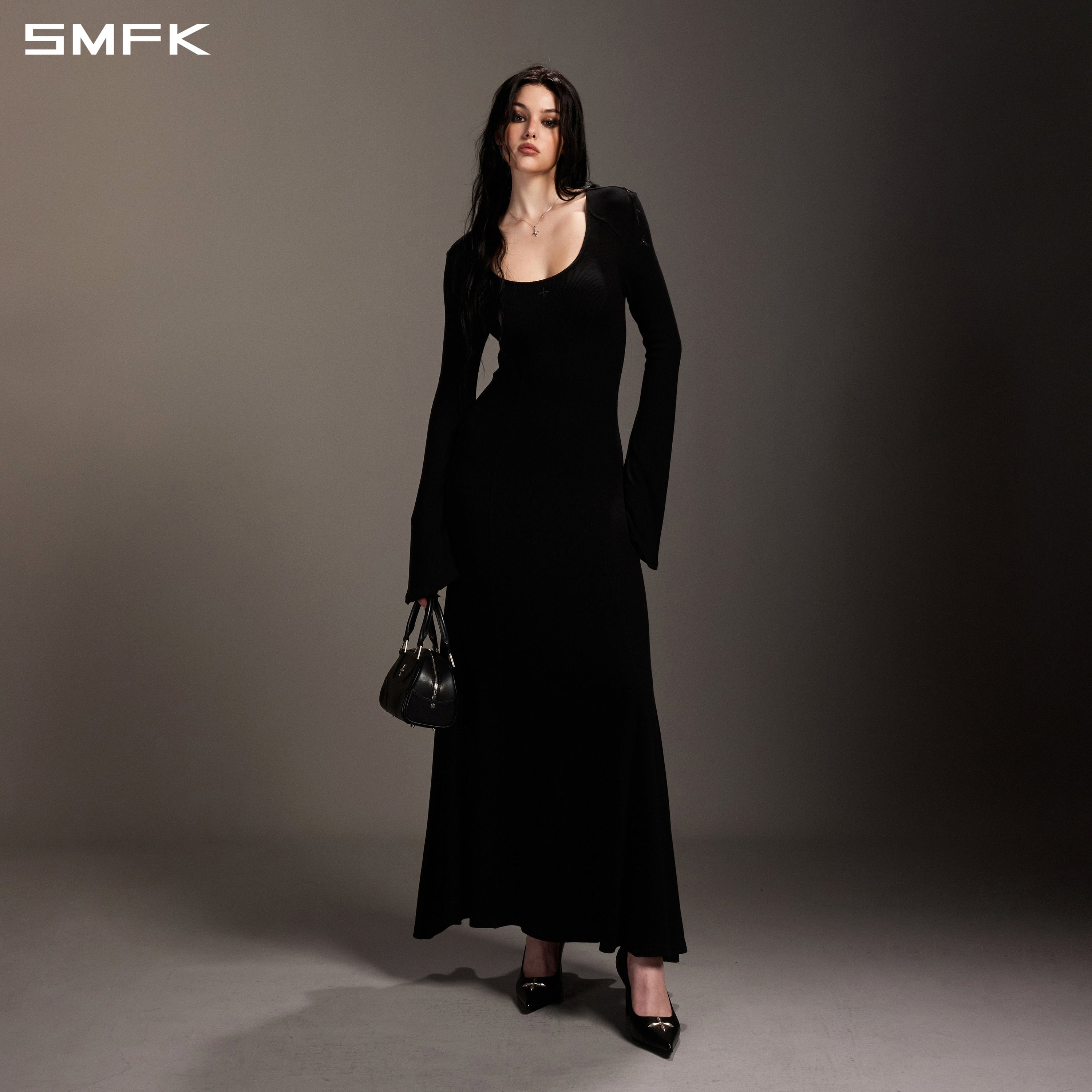 MYTH ORIGIN LONG DRESS/ACETATE+VISCOSE+ACRYLIC+SPANDEX+WOOL WILD BLACK