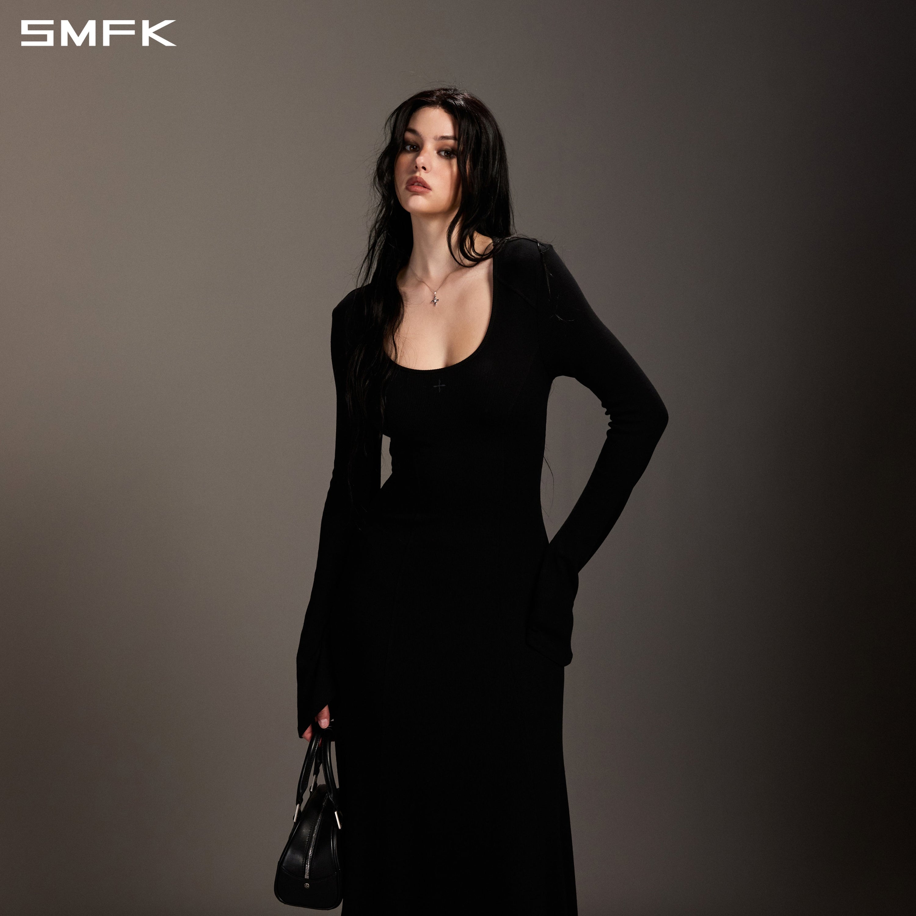 MYTH ORIGIN LONG DRESS/ACETATE+VISCOSE+ACRYLIC+SPANDEX+WOOL WILD BLACK