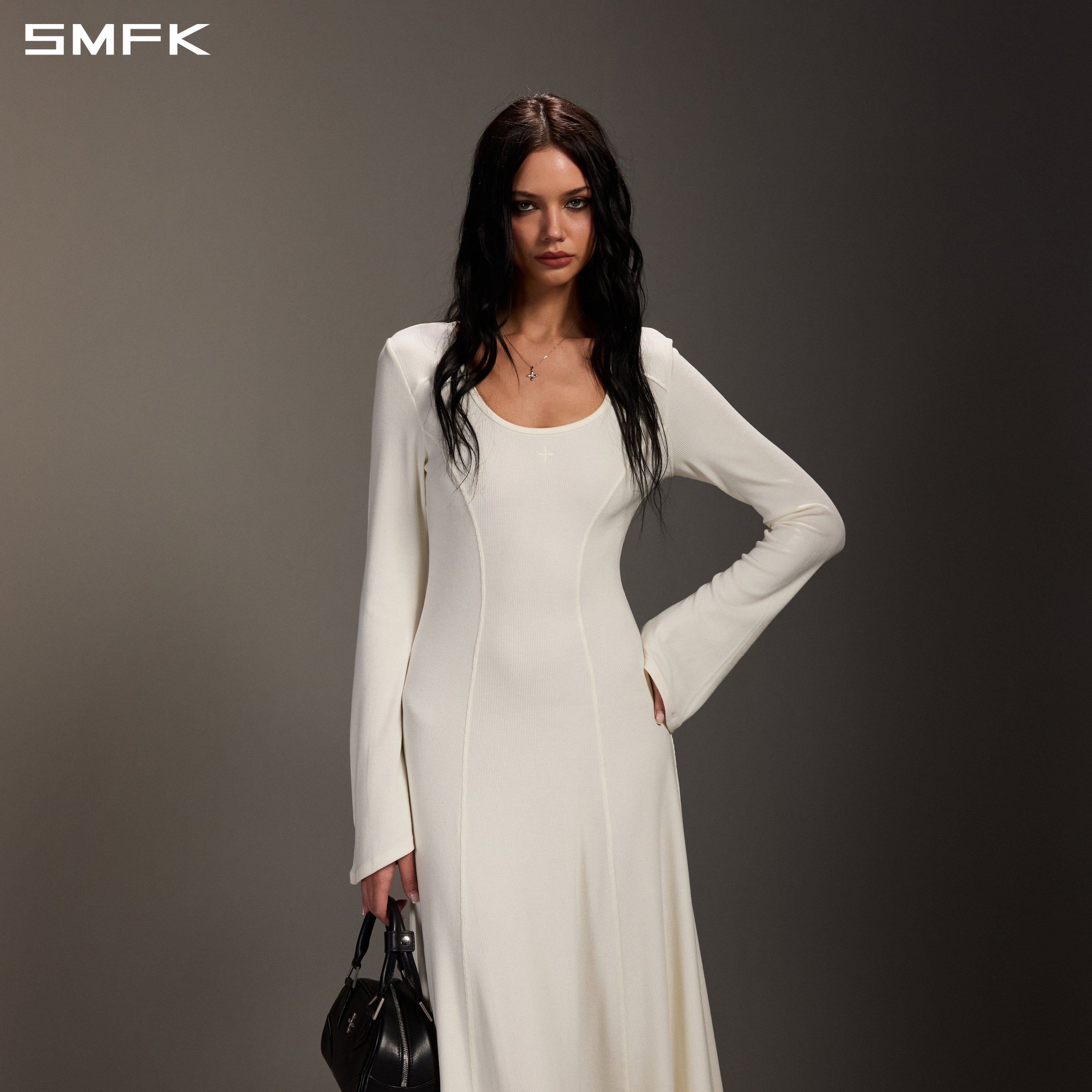 MYTH ORIGIN LONG DRESS/ACETATE+VISCOSE+ACRYLIC+SPANDEX+WOOL CLOUD WHITE