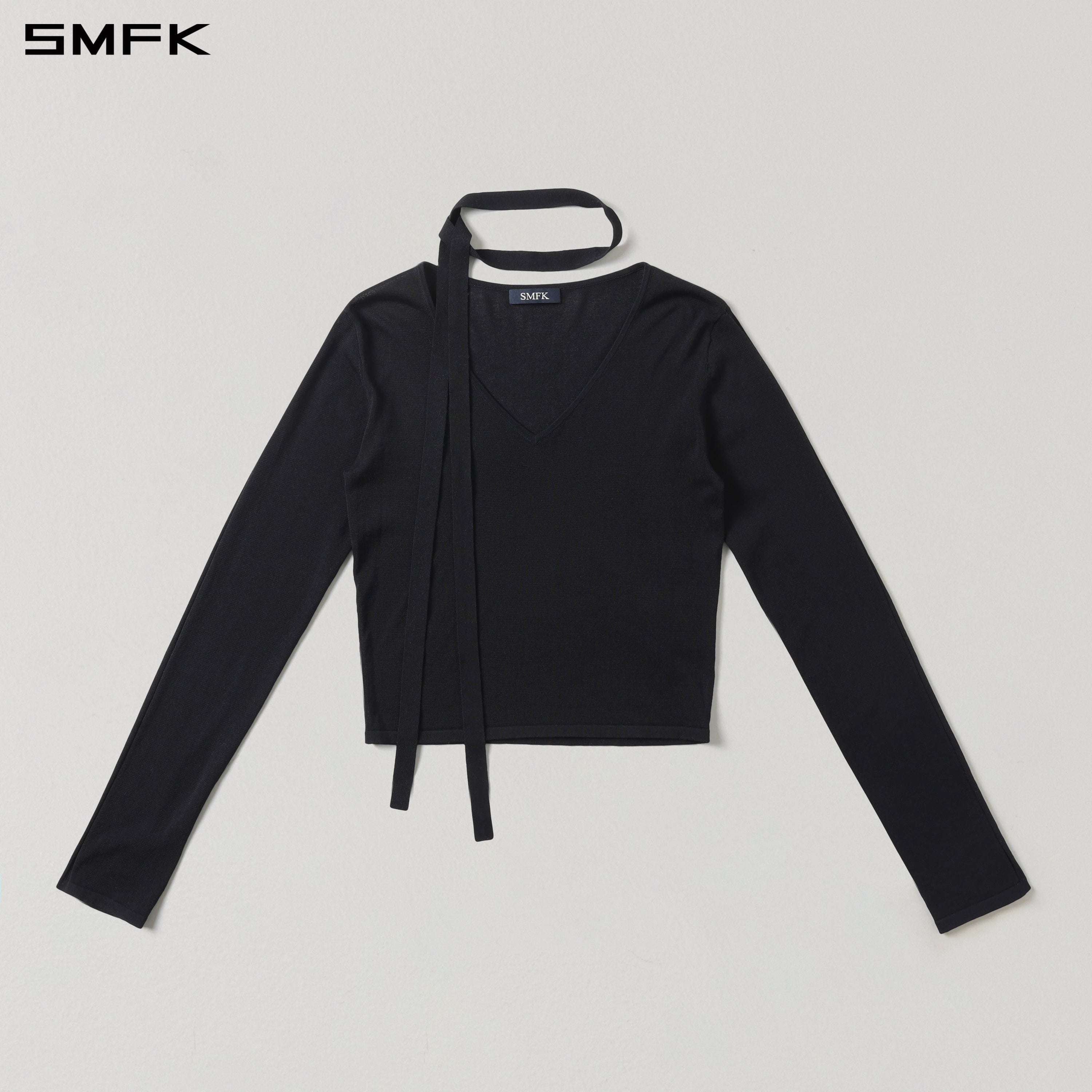 MYTH SIREN ROVE V-NECK SLIM KNIT PULLOVER/ACETATE+COTTON WILD BLACK
