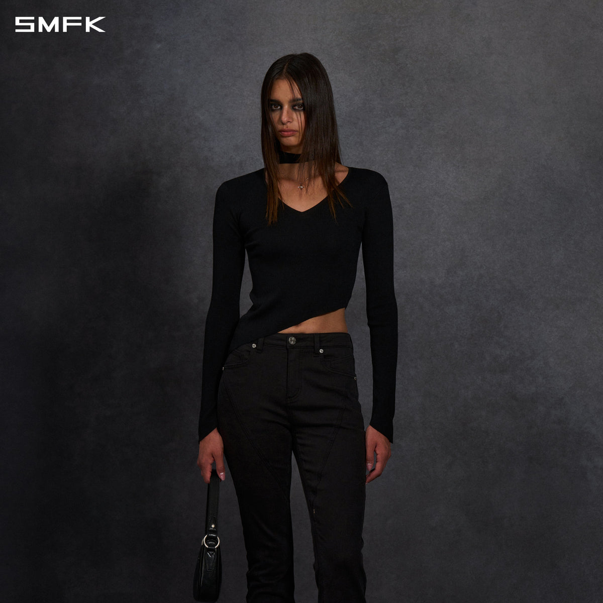 MYTH AEOLUS ASYMMETRY SLIM KNIT PULLOVER/SILK+LENZING TENCEL+COTTON WILD BLACK