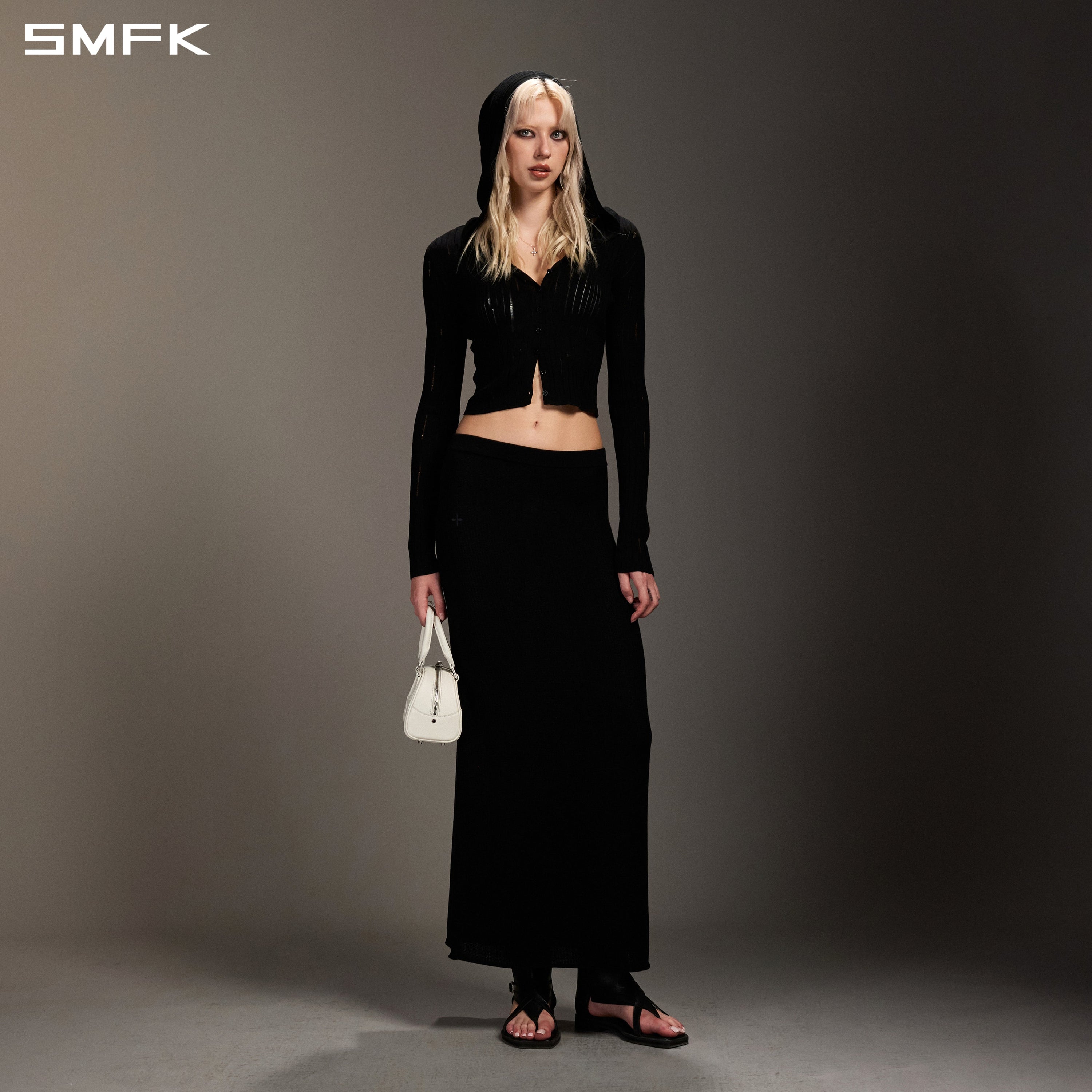 MIRAGE SIREN VISIONAL KNIT HOOD CARDIGAN/TENCEL+SILK WILD BLACK