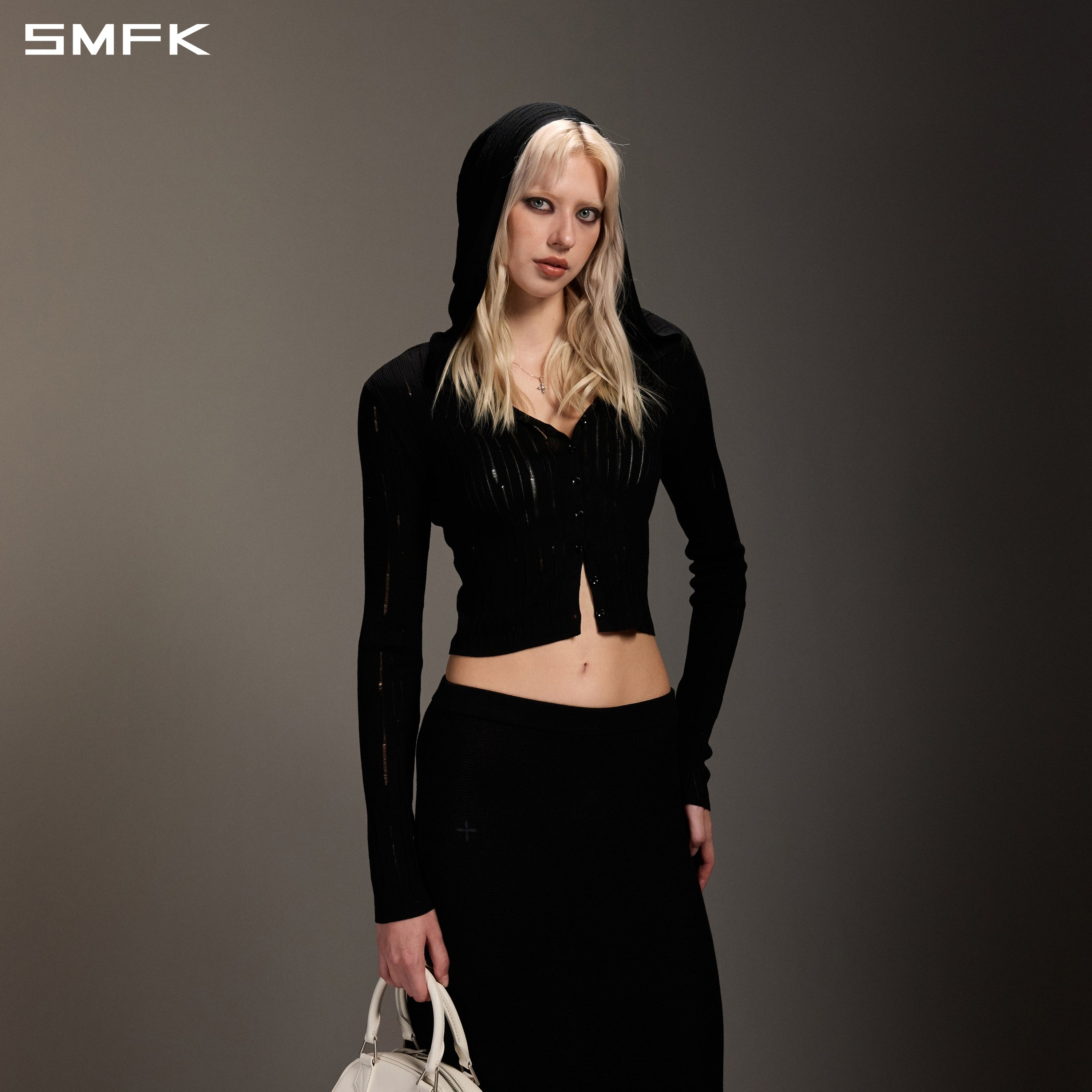 MIRAGE SIREN VISIONAL KNIT HOOD CARDIGAN/TENCEL+SILK WILD BLACK