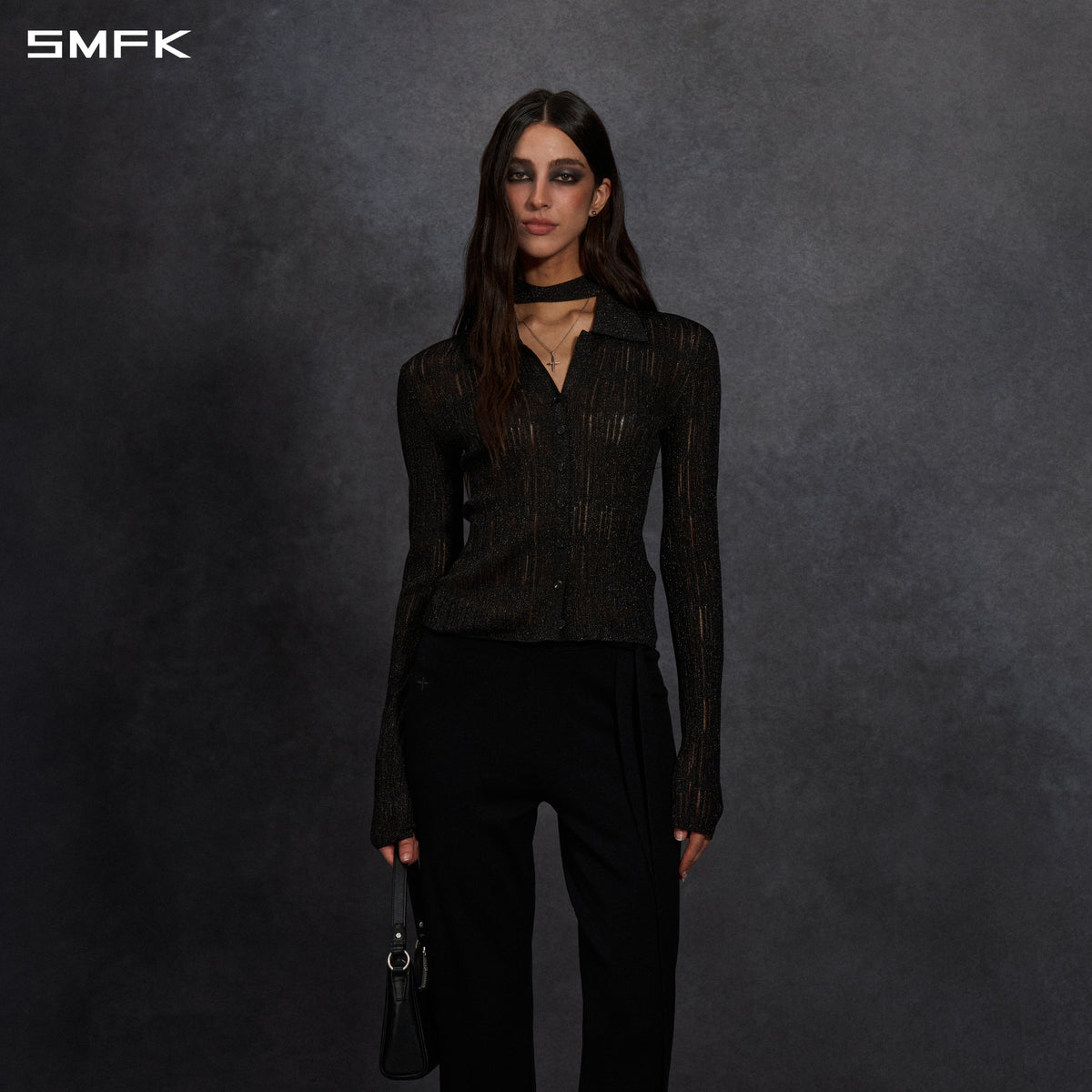 MYTH SIREN AURORA EVENING SLIM KNIT SHIRT/METALLIC YARN AURORA BLACK