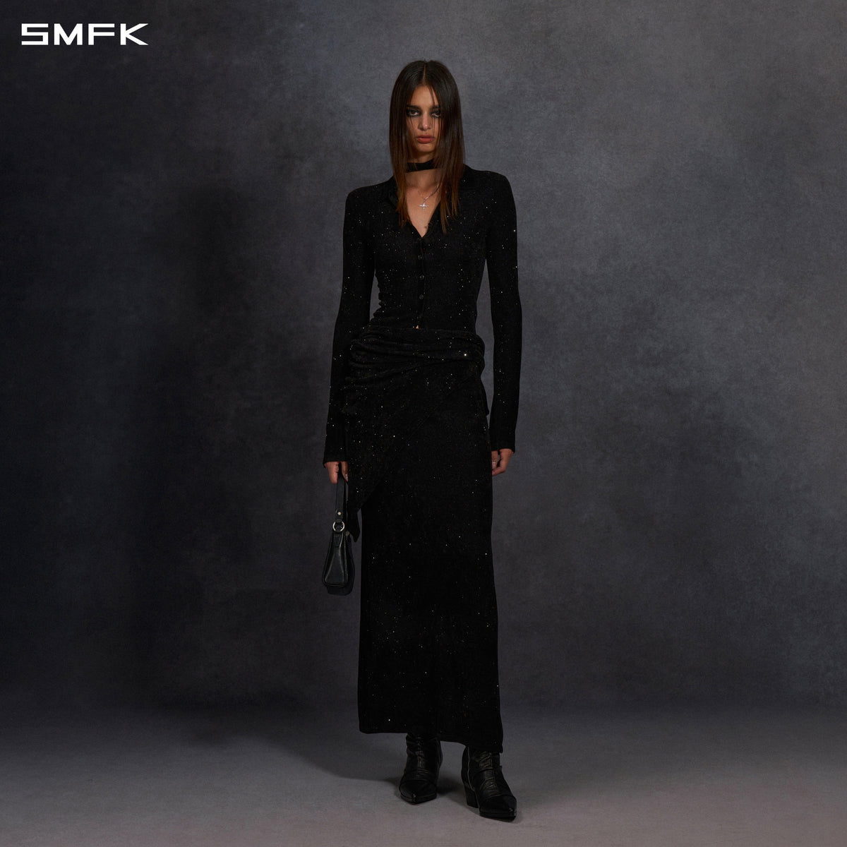 MYTH SIREN GALAXY EVENING SLIM KNIT SHIRT/STARRY VELVET GALAXY BLACK