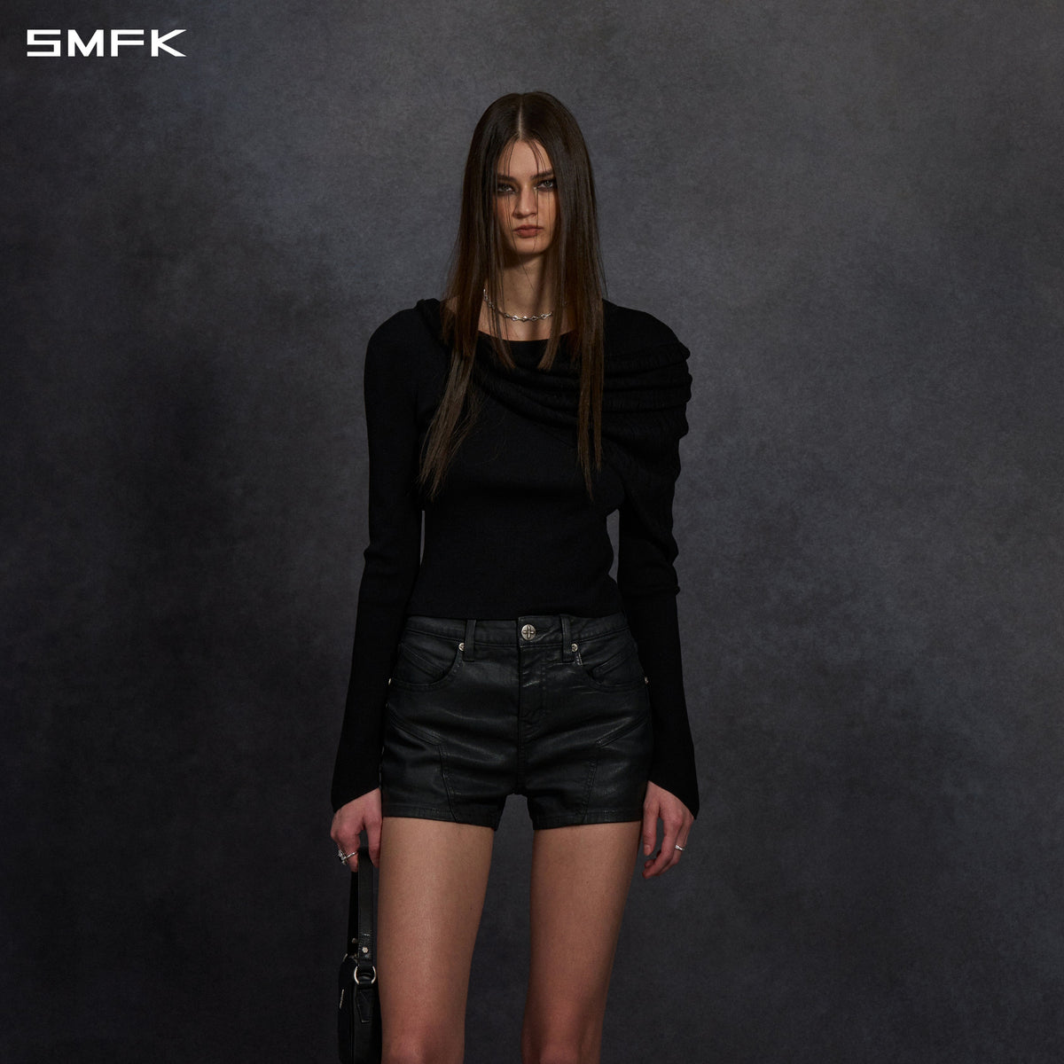 MYTH SIREN AURORA EVENING STYLIST SLIM KNIT SHIRT/LENZING TENCEL+SILK+COTTON WILD BLACK