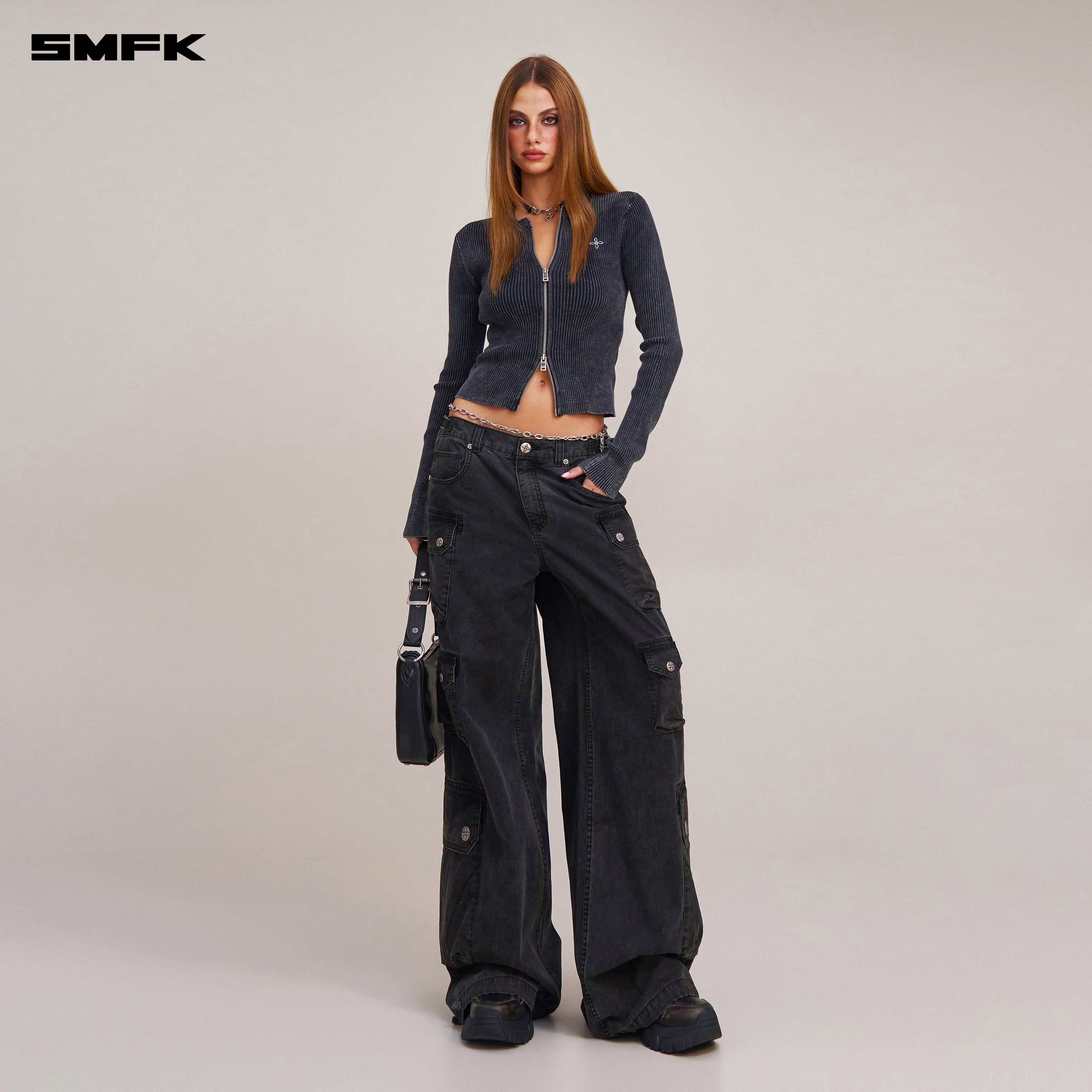 VINTAGE-SAVAGE ZIP KNIT CARDIGAN/STONE WASH VANISH BLACK