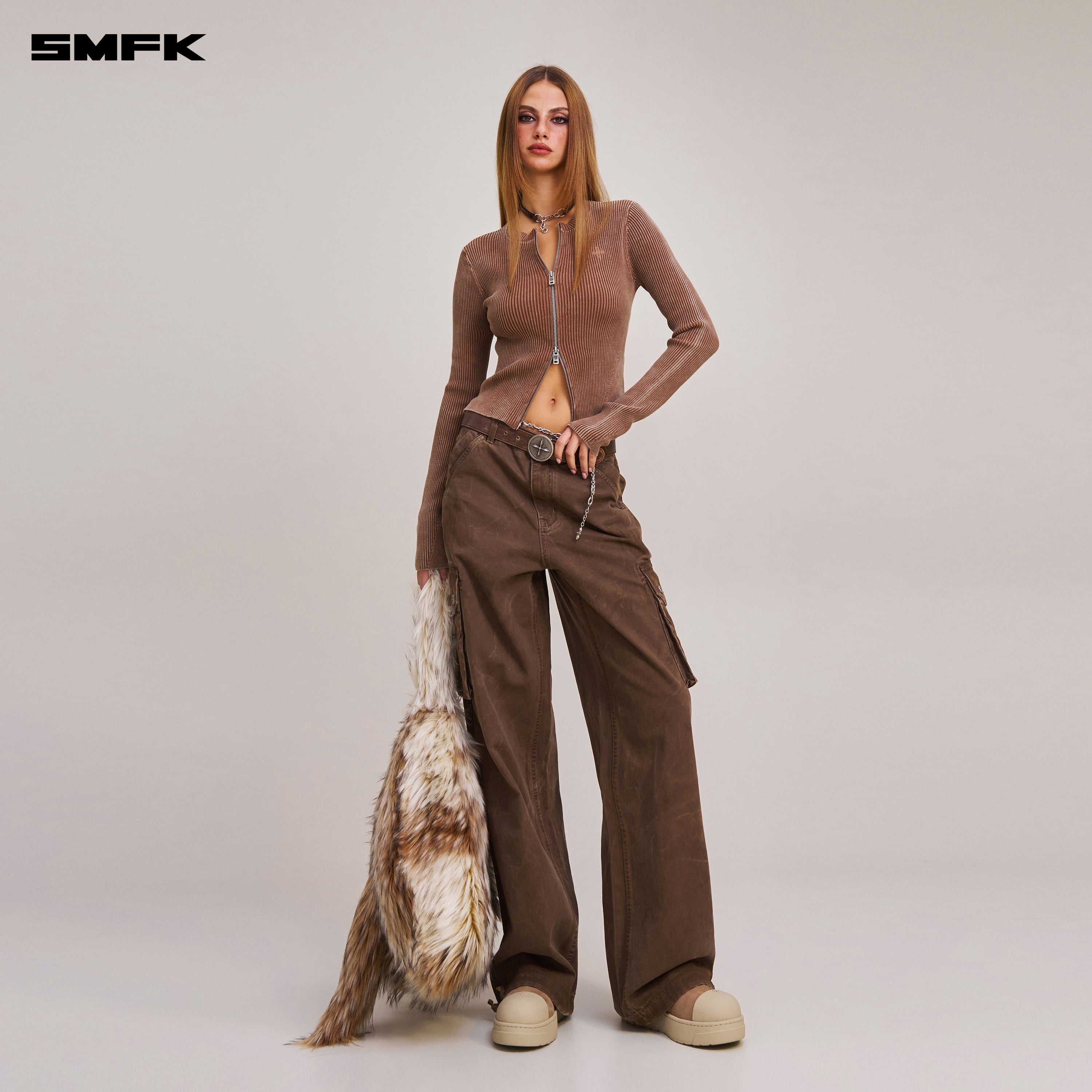 VINTAGE-SAVAGE ZIP KNIT CARDIGAN/STONE WASH VANISH BROWN