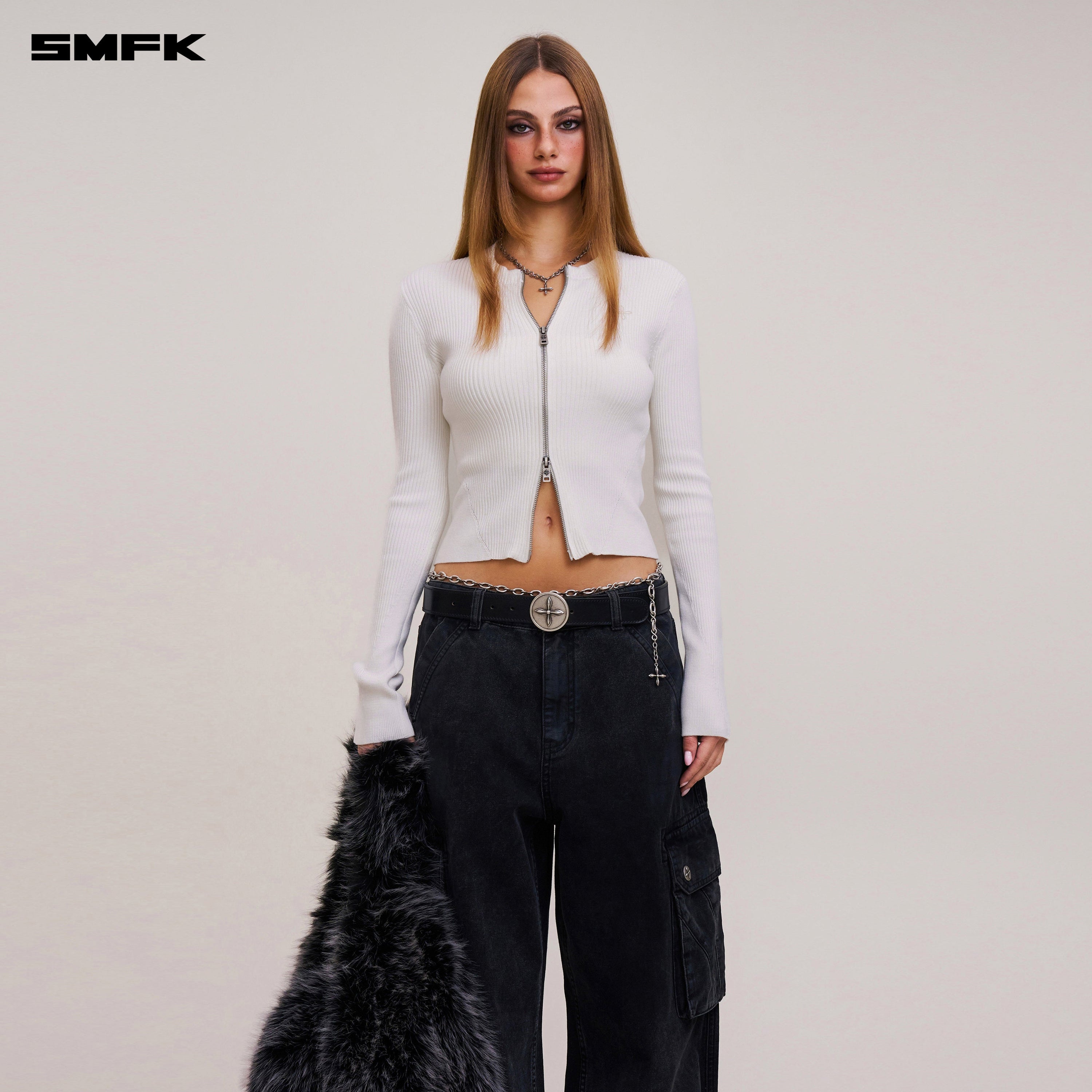 VINTAGE-SAVAGE ZIP KNIT CARDIGAN/STONE WASH VANISH WHITE