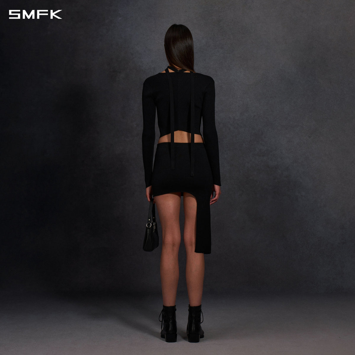 MYTH AEOLUS ASYMMETRY KNIT EVENING SHORT DRESS/SILK+LENZING TENCEL+COTTON WILD BLACK