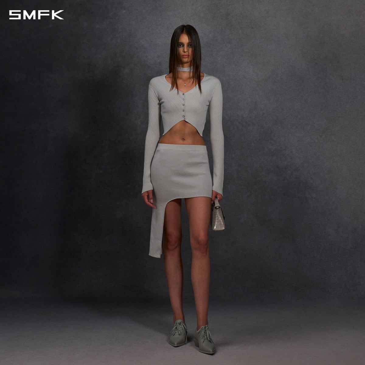 MYTH AEOLUS ASYMMETRY KNIT EVENING SHORT DRESS/SILK+LENZING TENCEL+COTTON GLACIER GREY