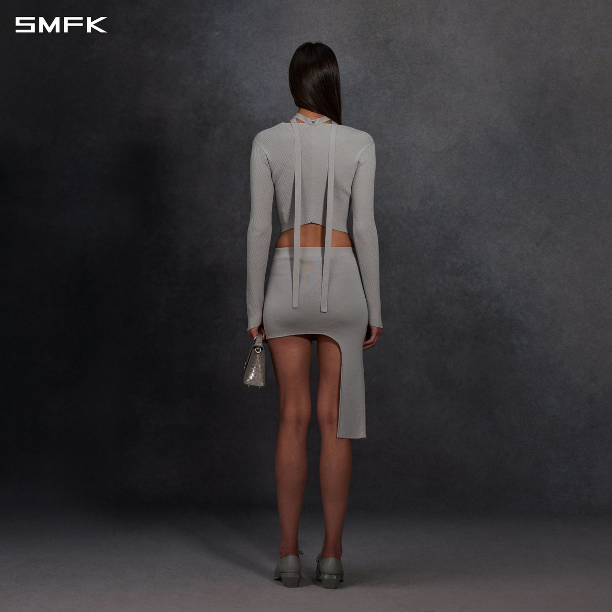 MYTH AEOLUS ASYMMETRY KNIT EVENING SHORT DRESS/SILK+LENZING TENCEL+COTTON GLACIER GREY