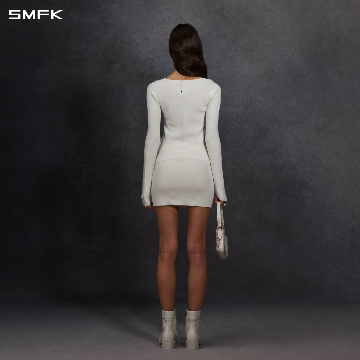 MYTH SIREN ZIP EVENING KNIT DRESS/SILK+LENZING TENCEL+COTTON CLOUD WHITE