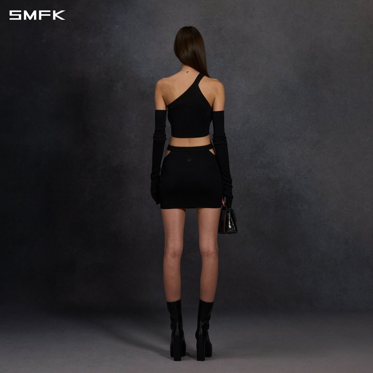 MYTH SIREN HIGH COLLAR EVENING KNIT DRESS/SILK+LENZING TENCEL+COTTON WILD BLACK