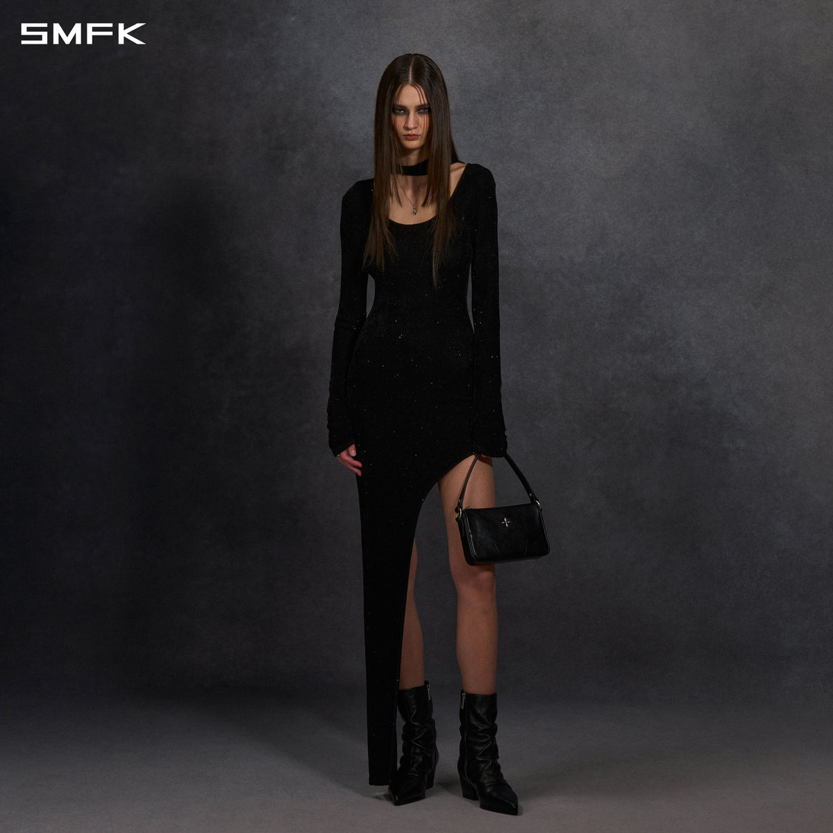 MYTH AEOLUS ASYMMETRY LONG SLEEVE KNIT EVENING DRESS/STARRY VELVET GALAXY BLACK