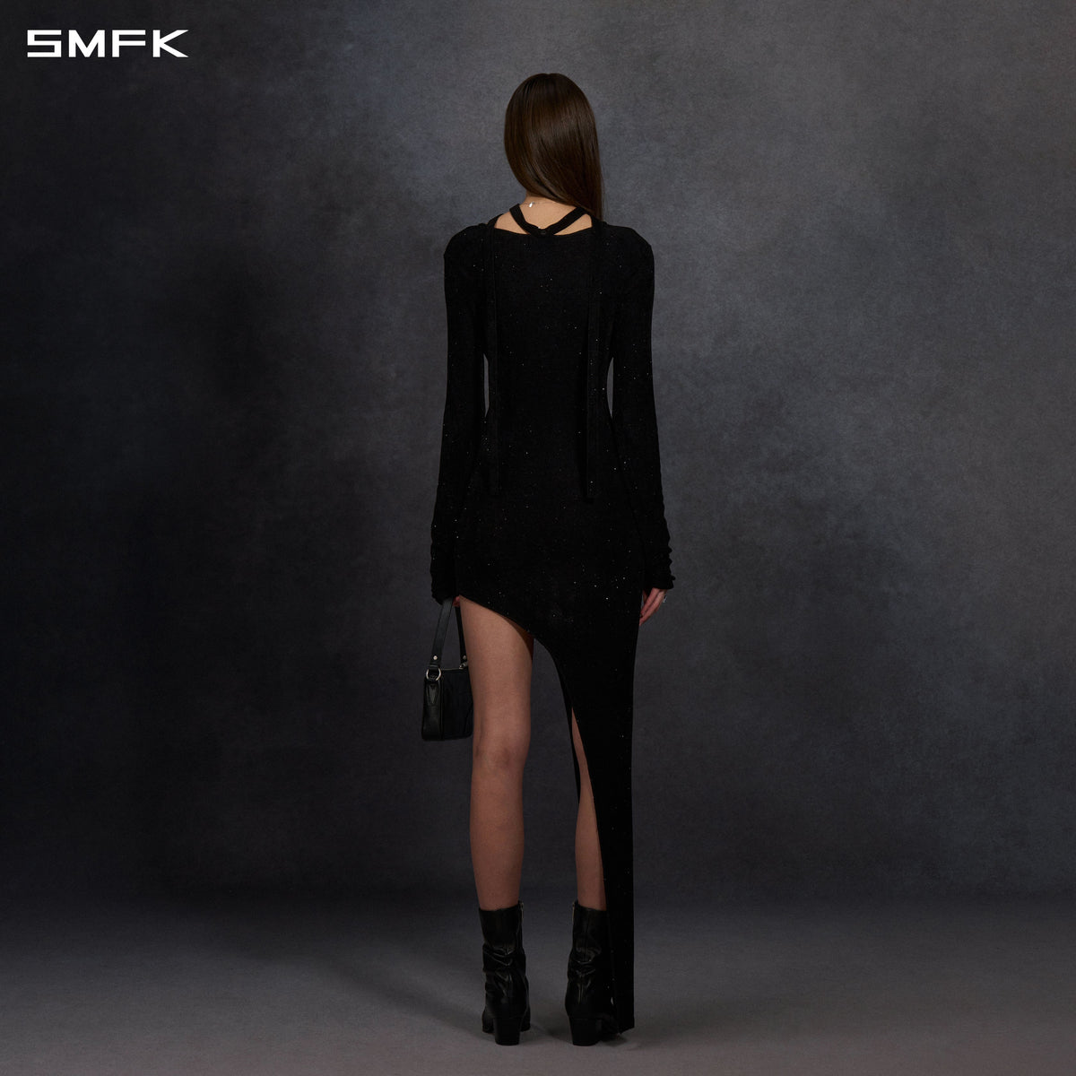 MYTH AEOLUS ASYMMETRY LONG SLEEVE KNIT EVENING DRESS/STARRY VELVET GALAXY BLACK