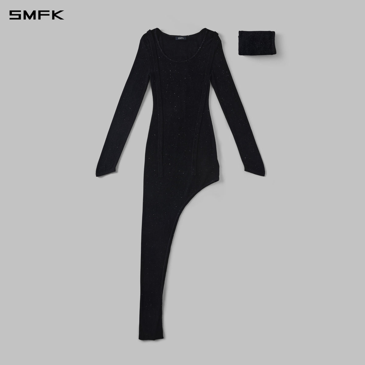 MYTH AEOLUS ASYMMETRY LONG SLEEVE KNIT EVENING DRESS/STARRY VELVET GALAXY BLACK