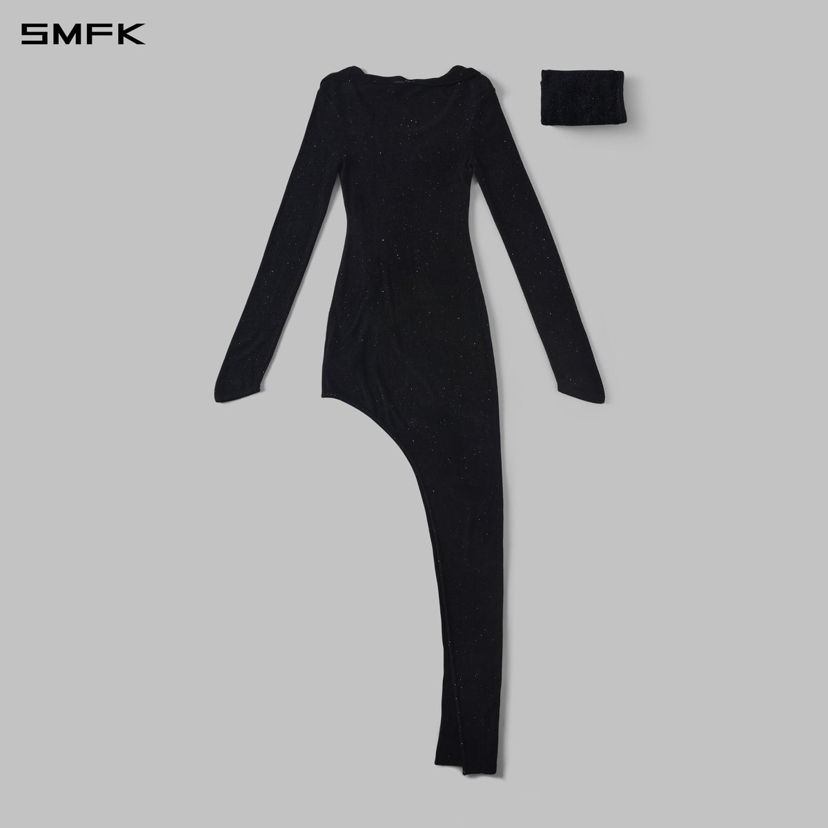 MYTH AEOLUS ASYMMETRY LONG SLEEVE KNIT EVENING DRESS/STARRY VELVET GALAXY BLACK