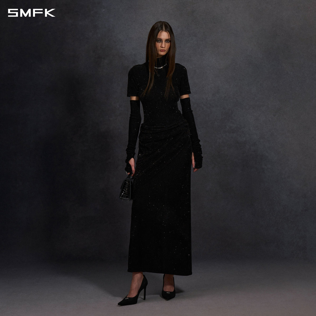 MYTH SIREN EVENING SLIM KNIT DRESS/STARRY VELVET GALAXY BLACK