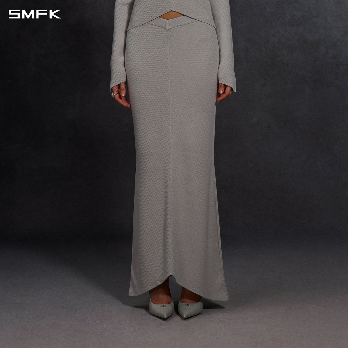 MYTH SIREN EVENING FISHTAIL KNIT DRESS/LENZING TENCEL+SILK+COTTON GLACIER GREY