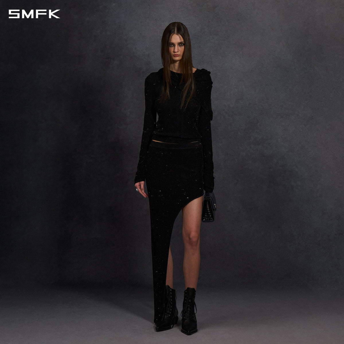 MYTH AEOLUS ASYMMETRY KNIT EVENING DRESS/STARRY VELVET GALAXY BLACK