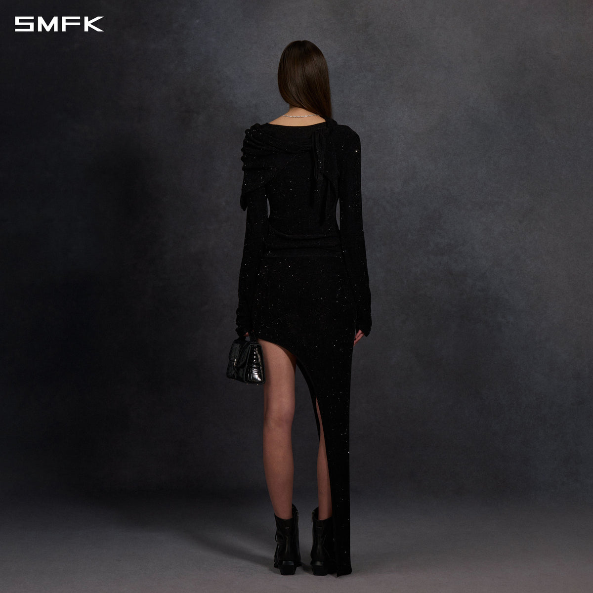 MYTH AEOLUS ASYMMETRY KNIT EVENING DRESS/STARRY VELVET GALAXY BLACK