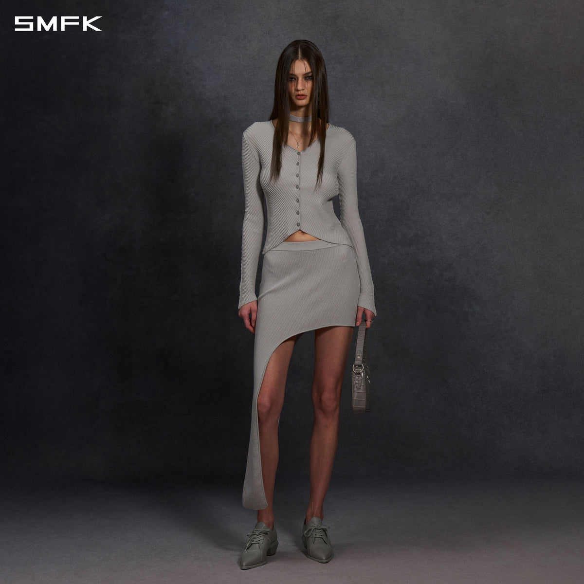 MYTH AEOLUS ASYMMETRY KNIT EVENING DRESS/LENZING TENCEL+SILK+COTTON GLACIER GREY
