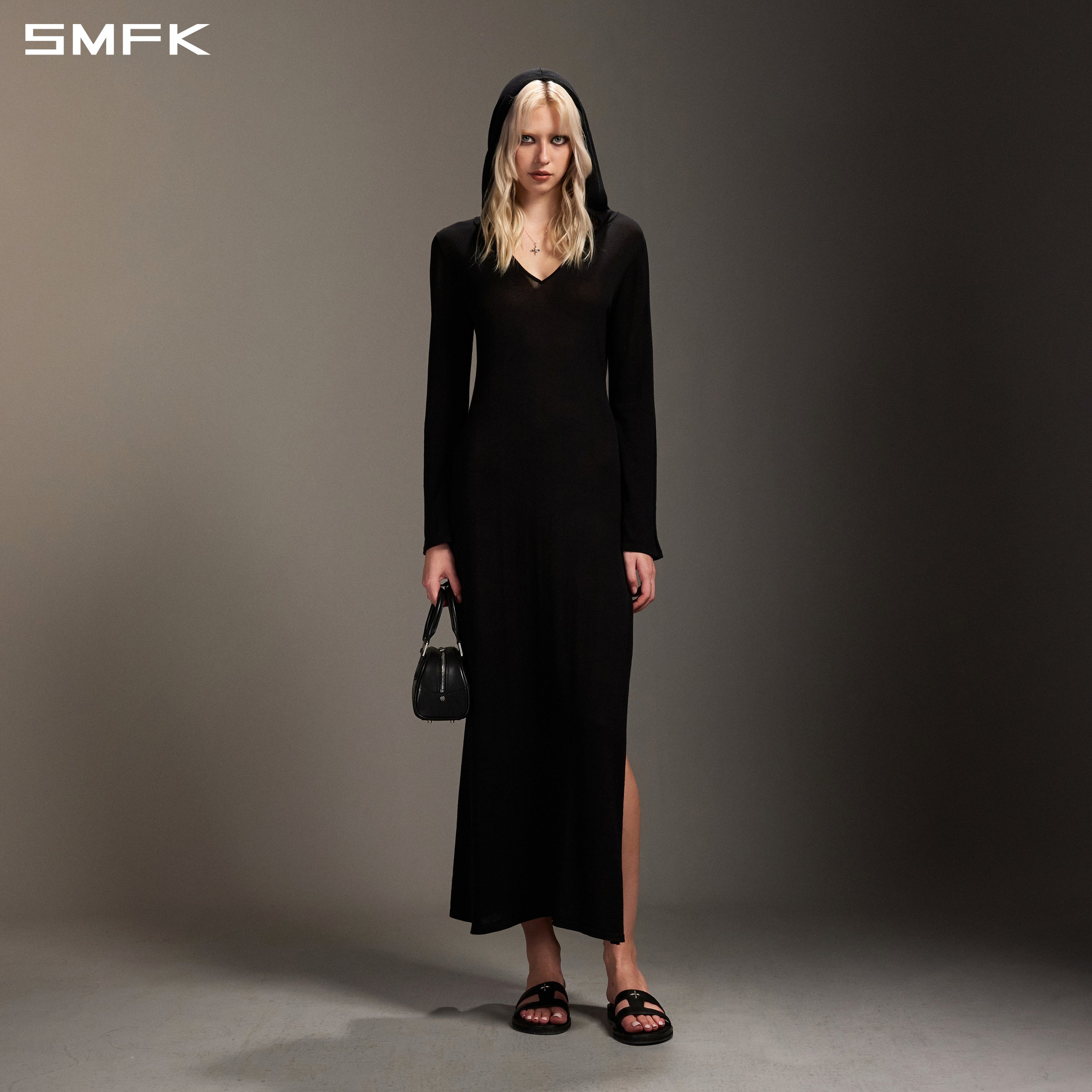 MYTH AEOLUS ASYMMETRY LONG SLEEVE KNIT EVENING DRESS/ACETATE+COTTON WILD BLACK
